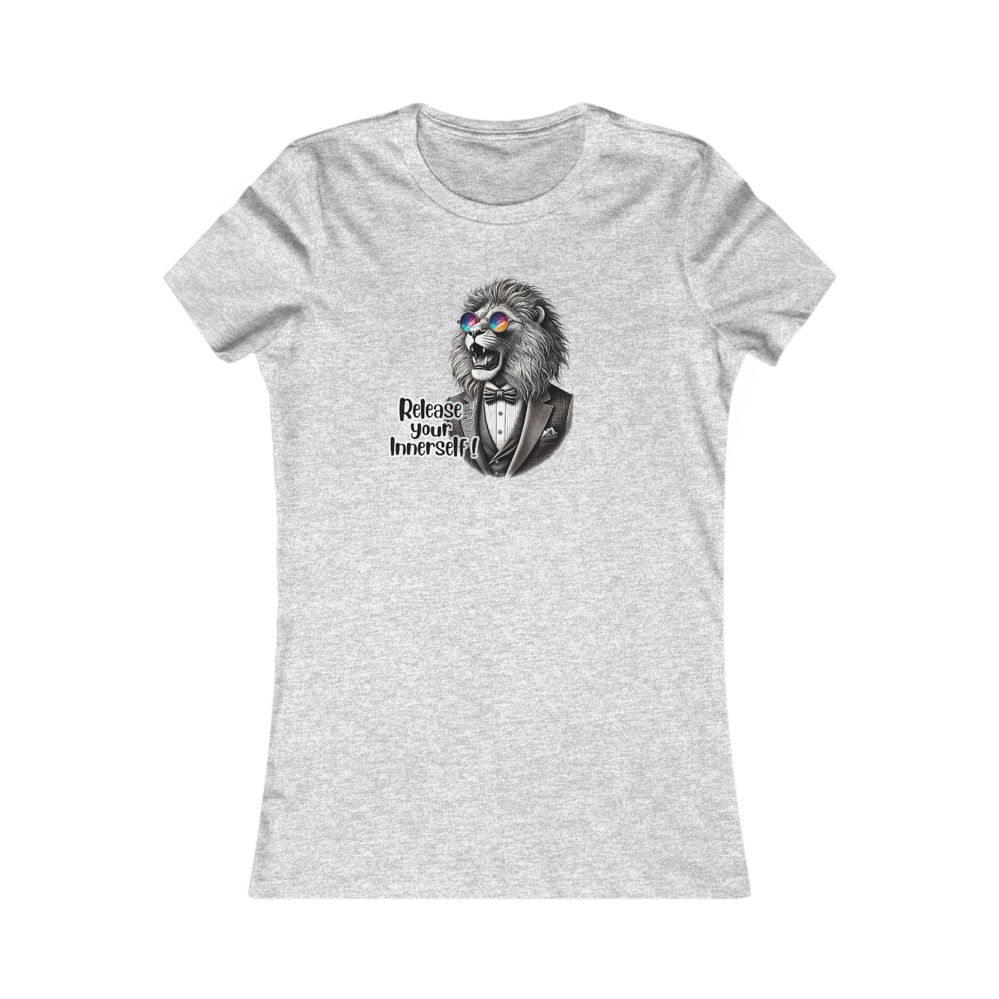 Gray t-shirt featuring a lion with sunglasses and the text 'Release Your Inner Self'.