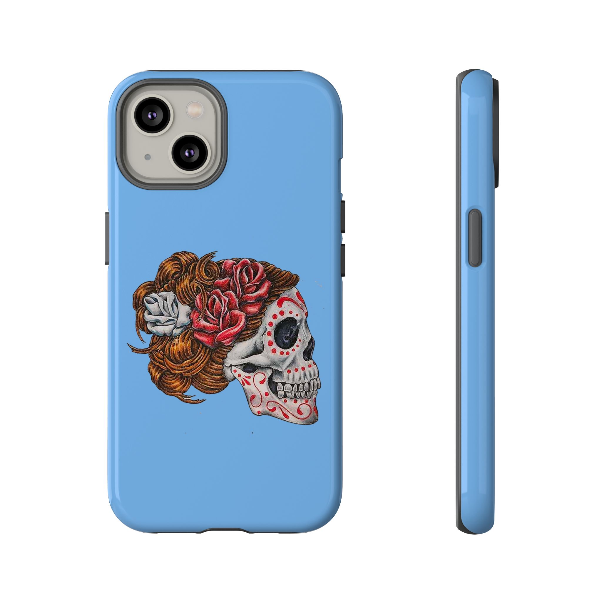 Blue phone case featuring a skull with floral decorations in a detailed design.