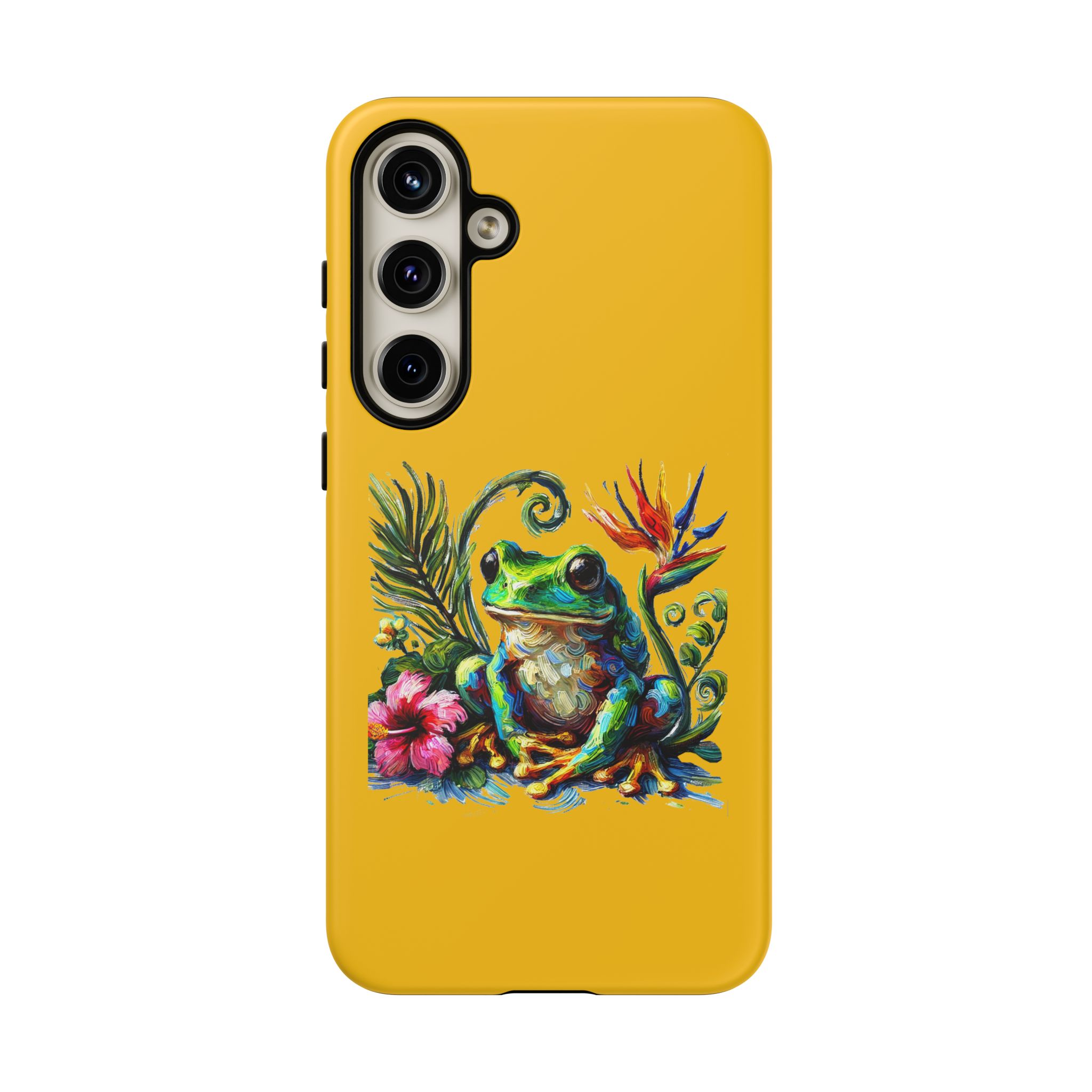 Yellow phone case featuring a colorful frog surrounded by tropical flowers and foliage.