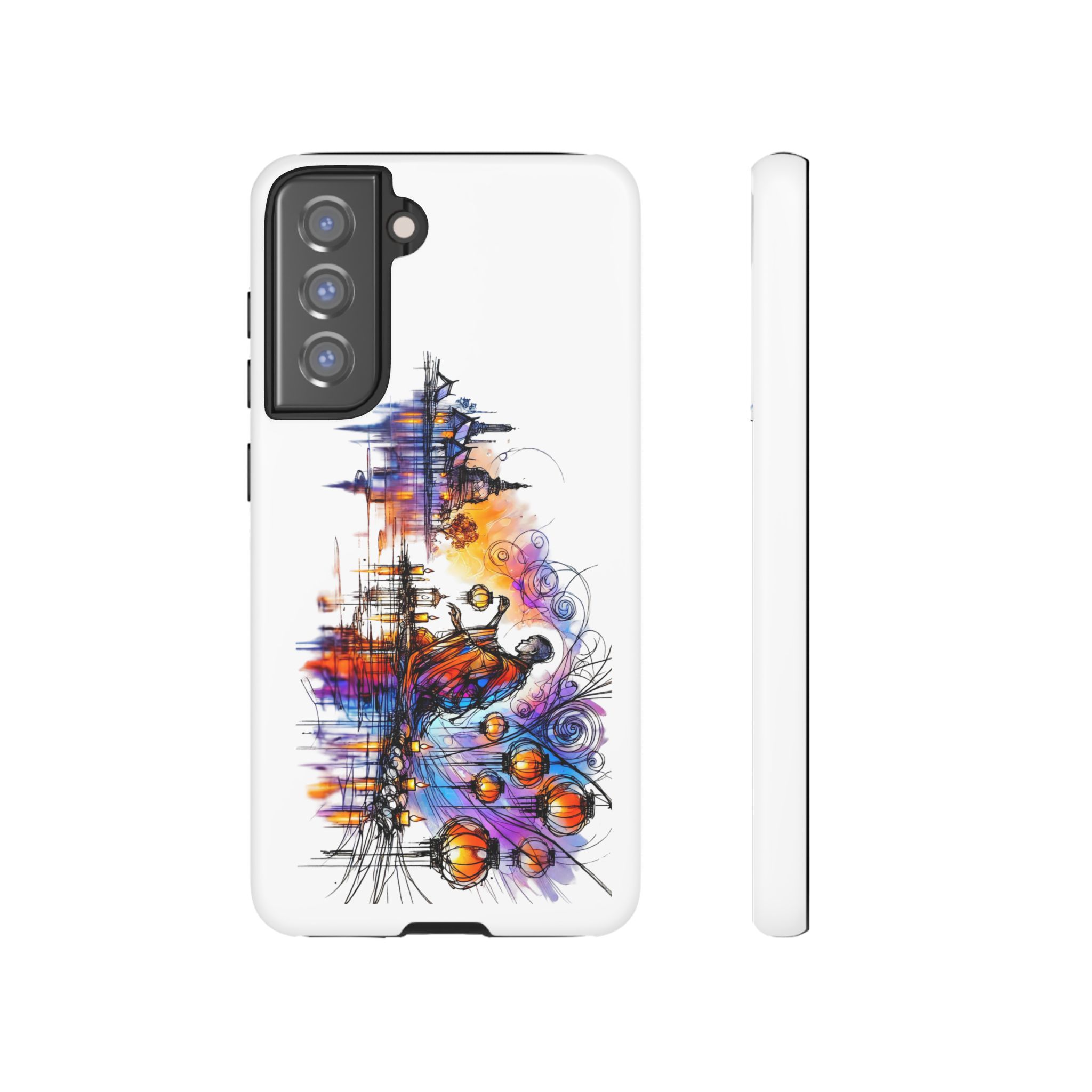 Colorful artistic design featuring abstract shapes and a figure on a phone case.
