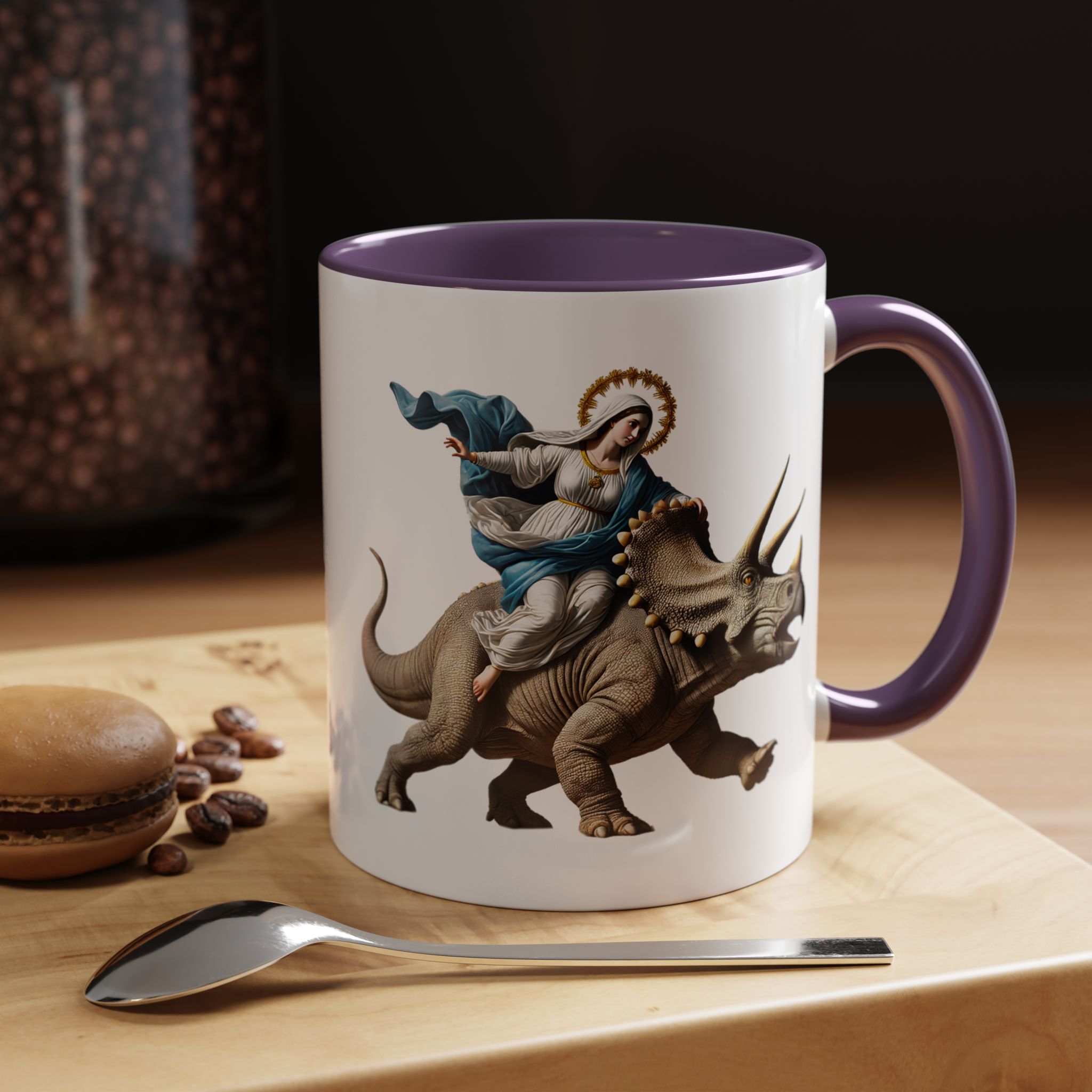 Sarcastic Coffee mug jurassic Virgin mary riding triceratops funny office mug boho gift tea cup cute accessory – Image 47