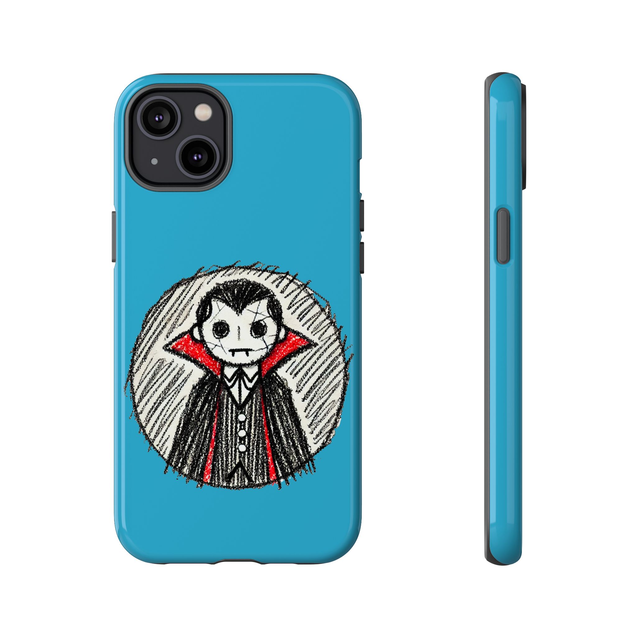 A blue phone case featuring a sketch of a Dracula character with a red cape and black attire.
