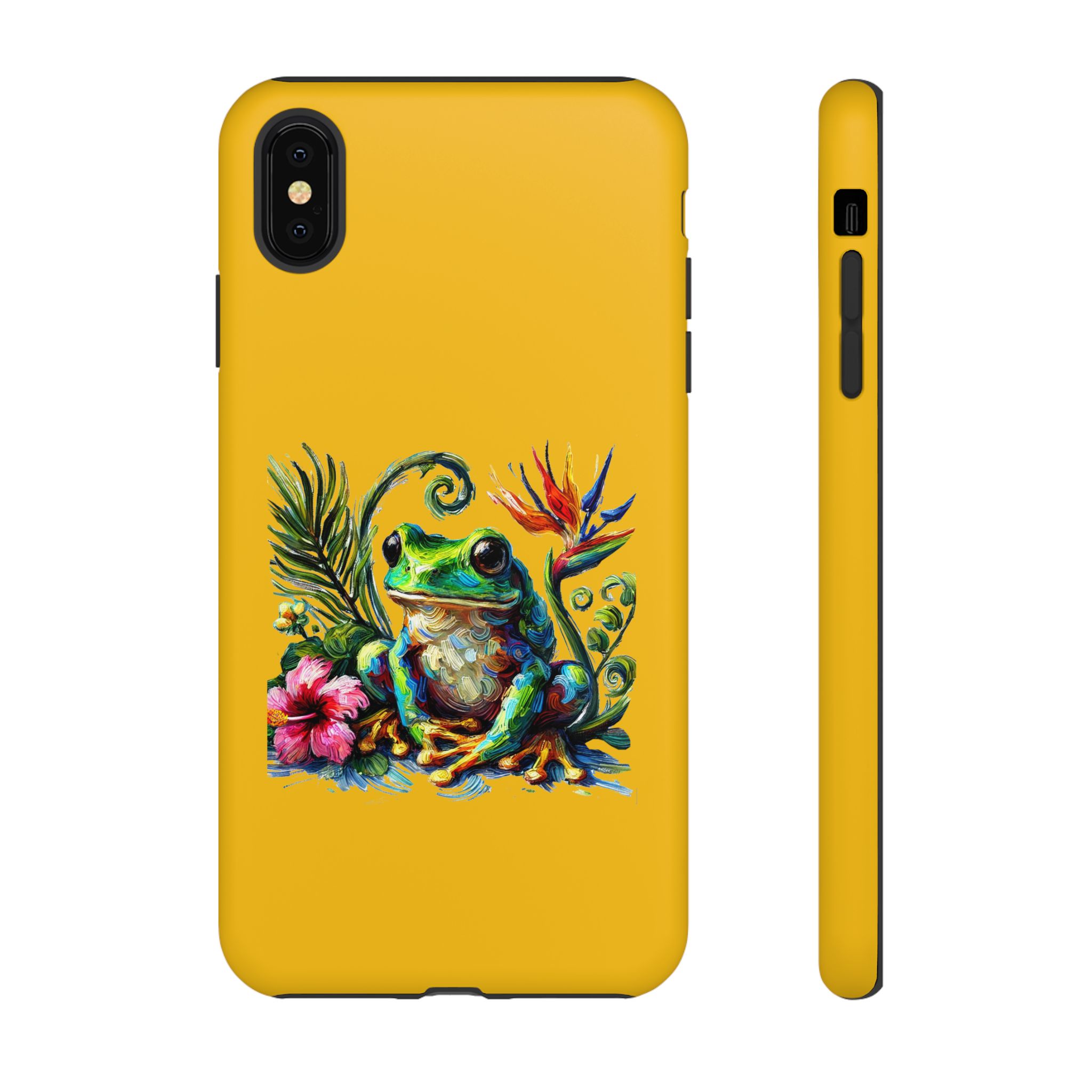 Bright yellow phone case featuring a colorful frog design with tropical flowers and leaves.