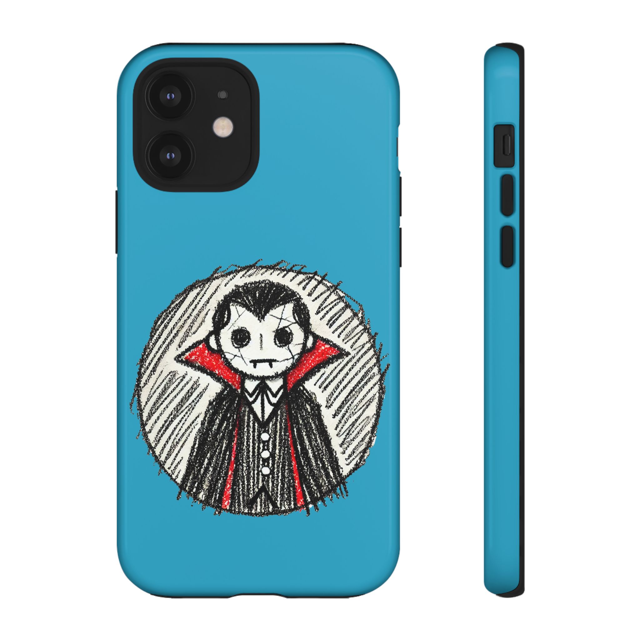 Phone case design featuring a cartoon vampire character with a blue background.