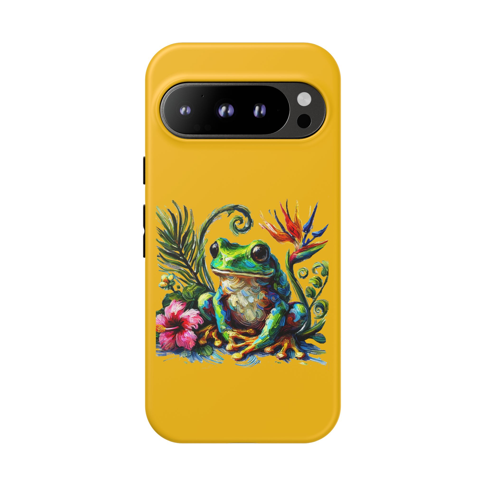Yellow phone case featuring a colorful frog design surrounded by tropical plants and flowers.