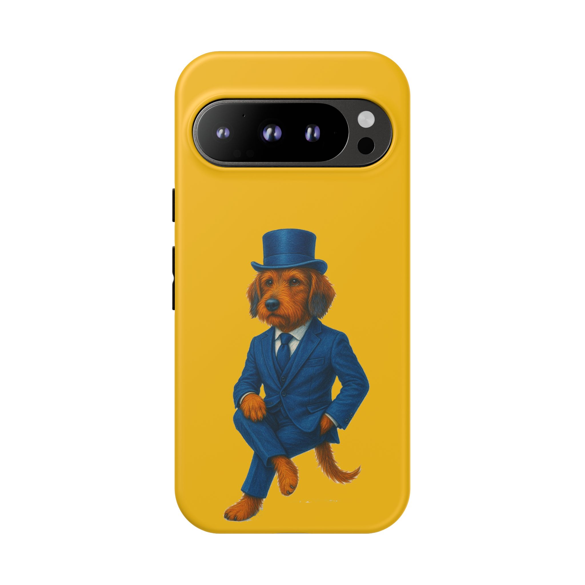 Phone case featuring a dog wearing a suit and top hat against a yellow background.