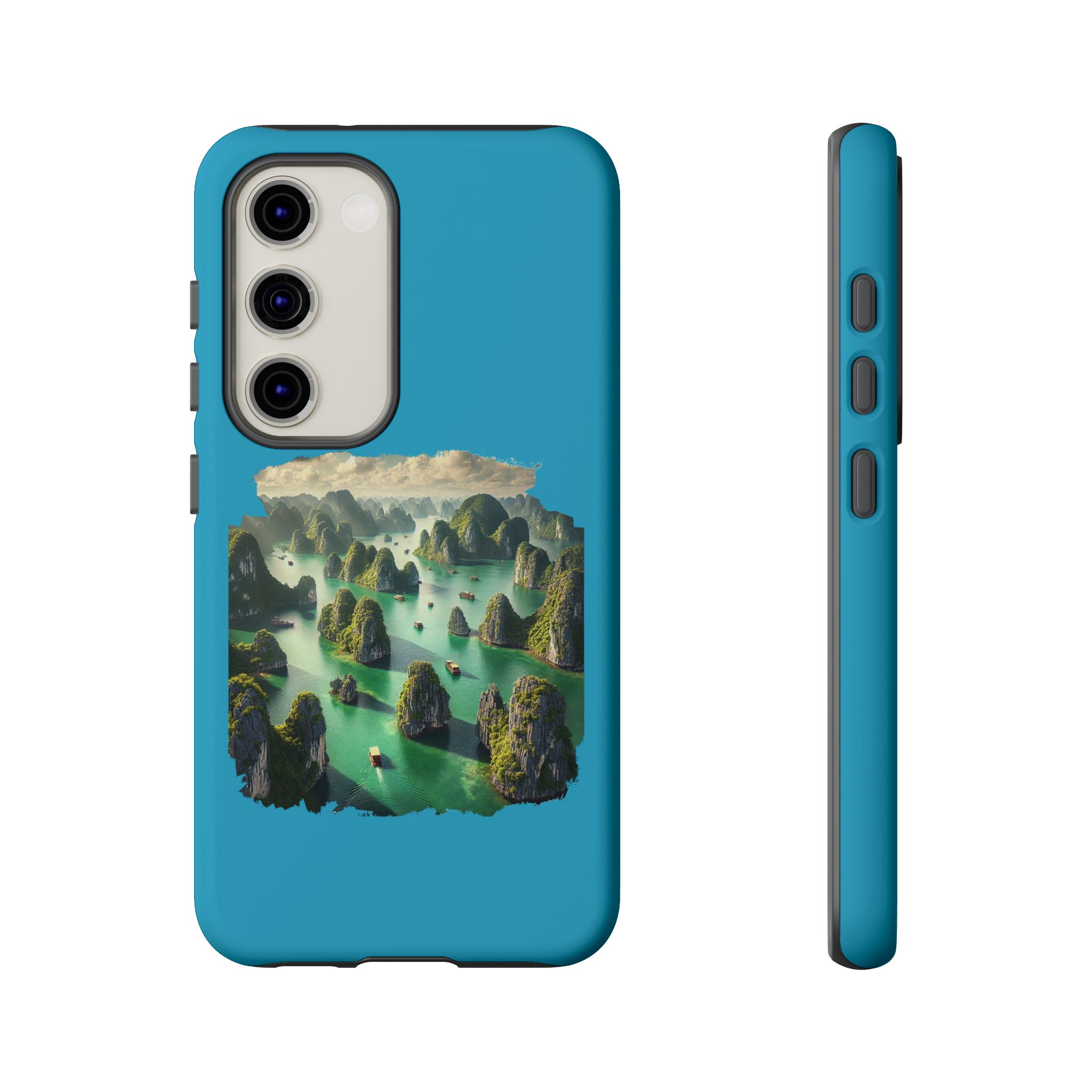 Phone case featuring a scenic landscape of green islands and boats in a blue water setting.