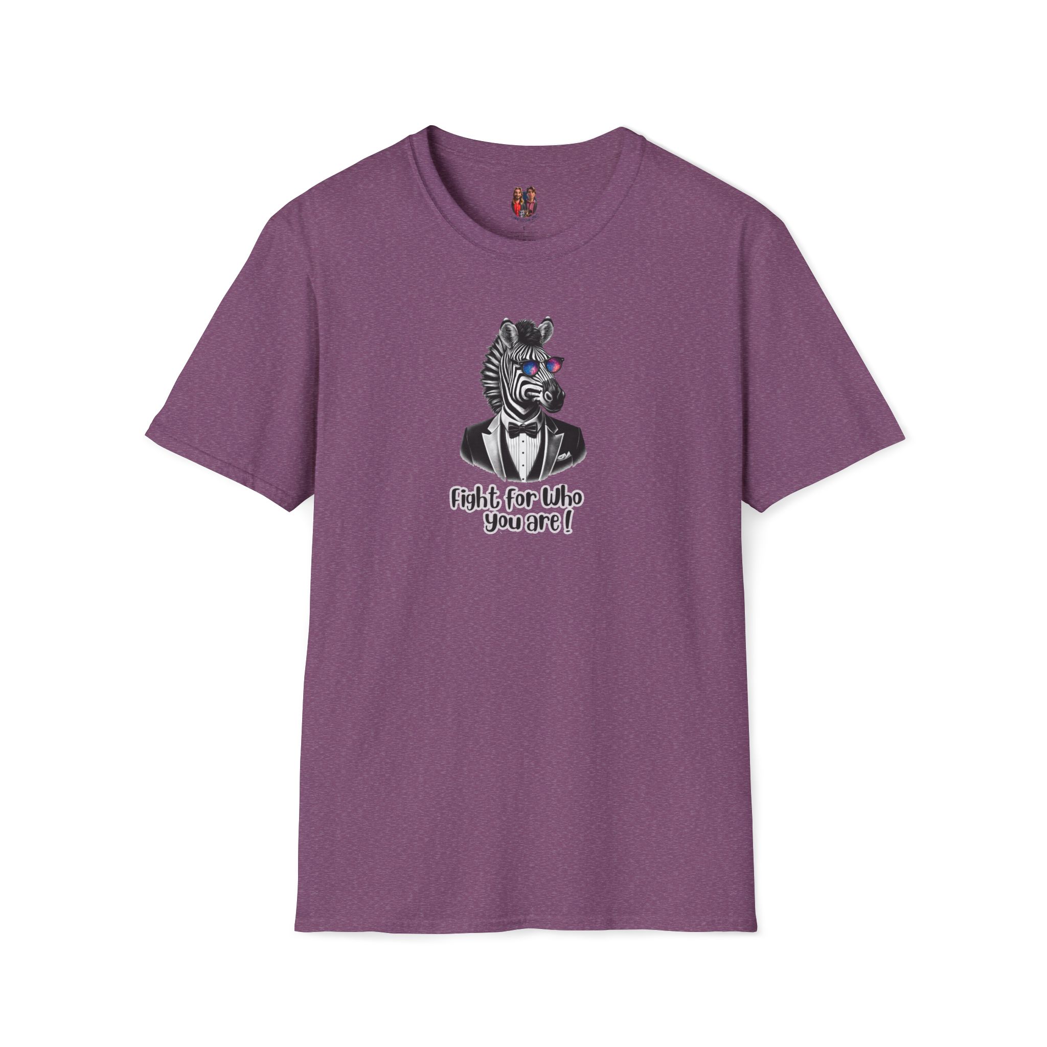 Purple t-shirt featuring a zebra wearing glasses and a tuxedo with the text 'Fight for who you are!'