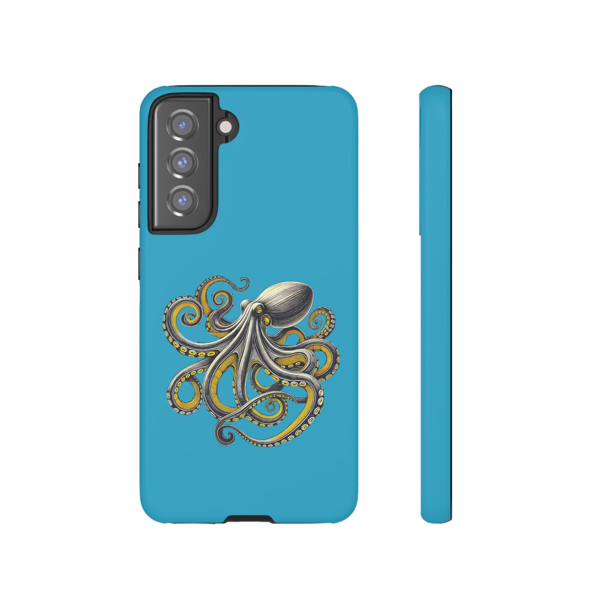 Phone case with an illustration of an octopus on a blue background.