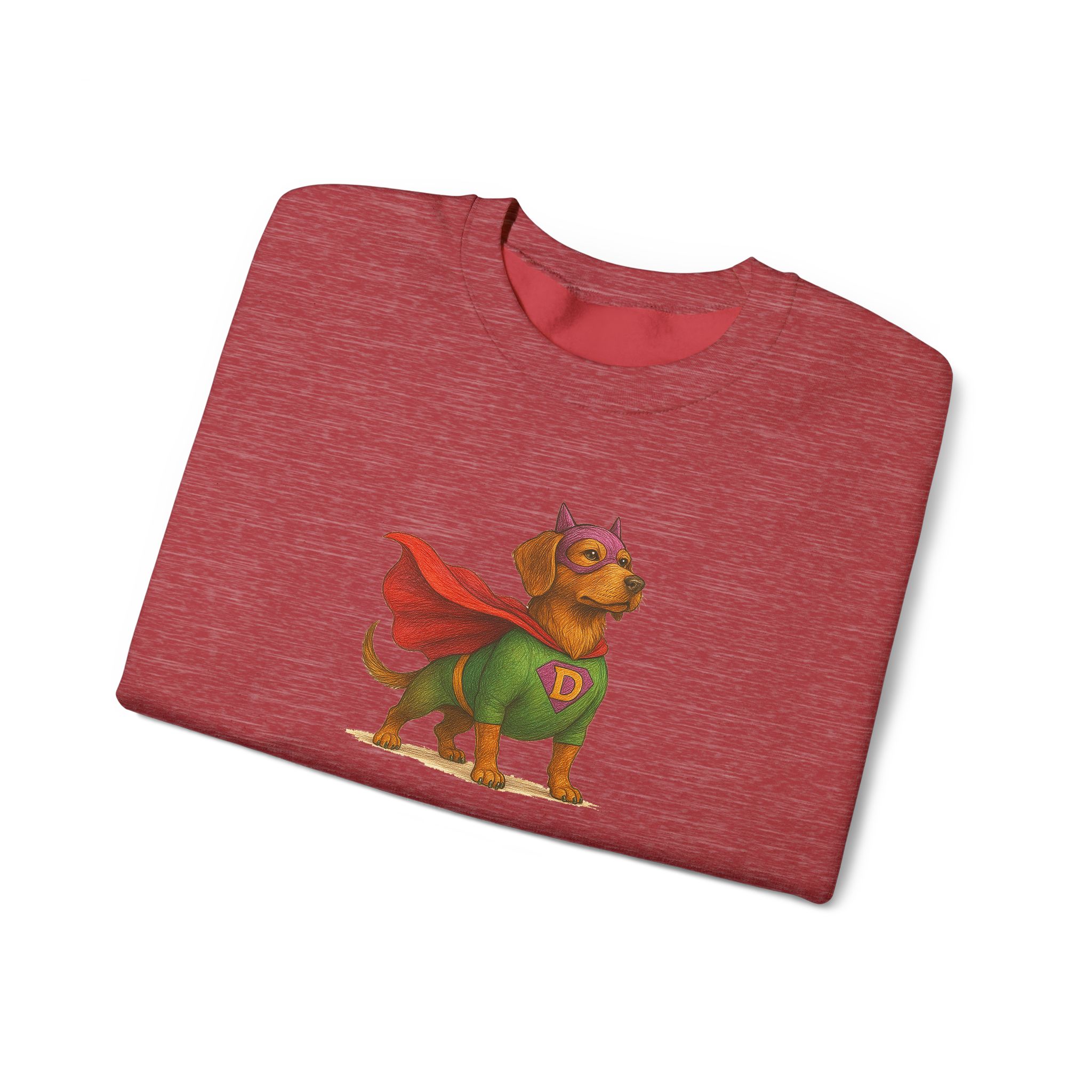Red t-shirt featuring a cartoon dog dressed as a superhero with a cape and mask.