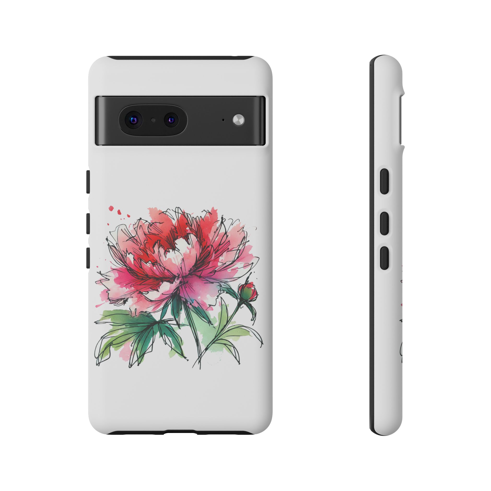 Phone case featuring a hand-drawn peony flower design in red and green colors.