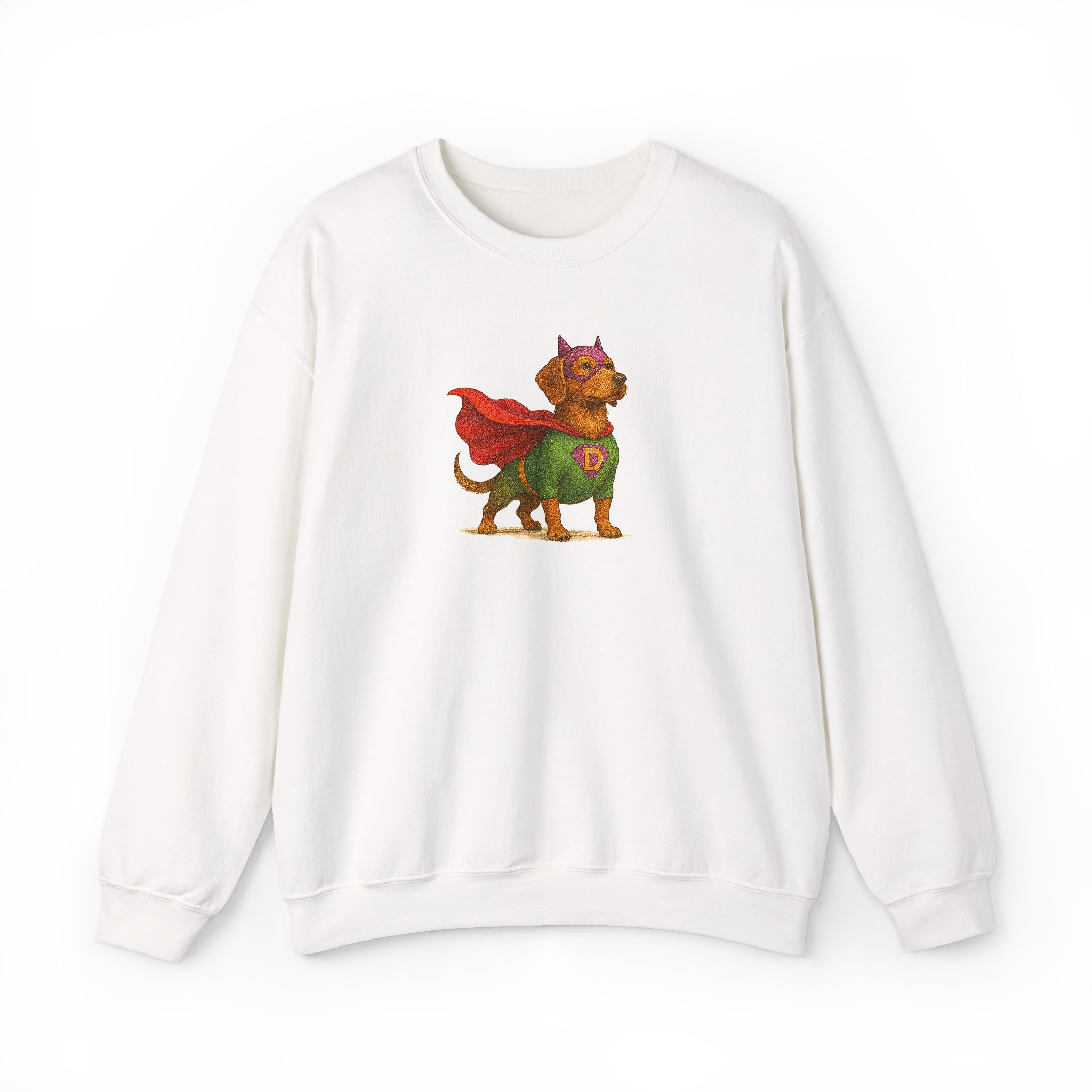White sweatshirt featuring a dachshund in a superhero costume with a red cape and green shirt.
