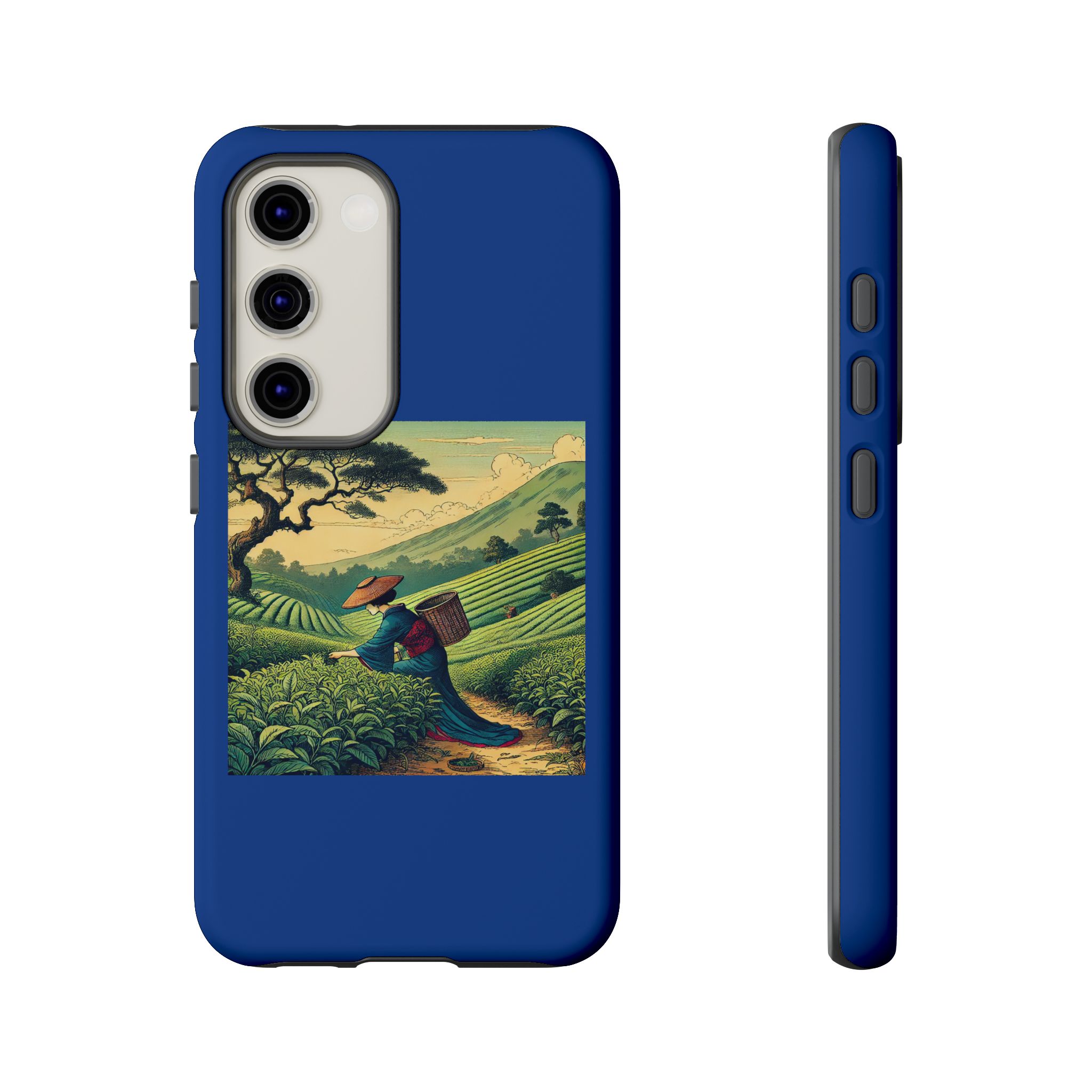 Blue phone case featuring a landscape design with a farmer carrying a basket in a green field.