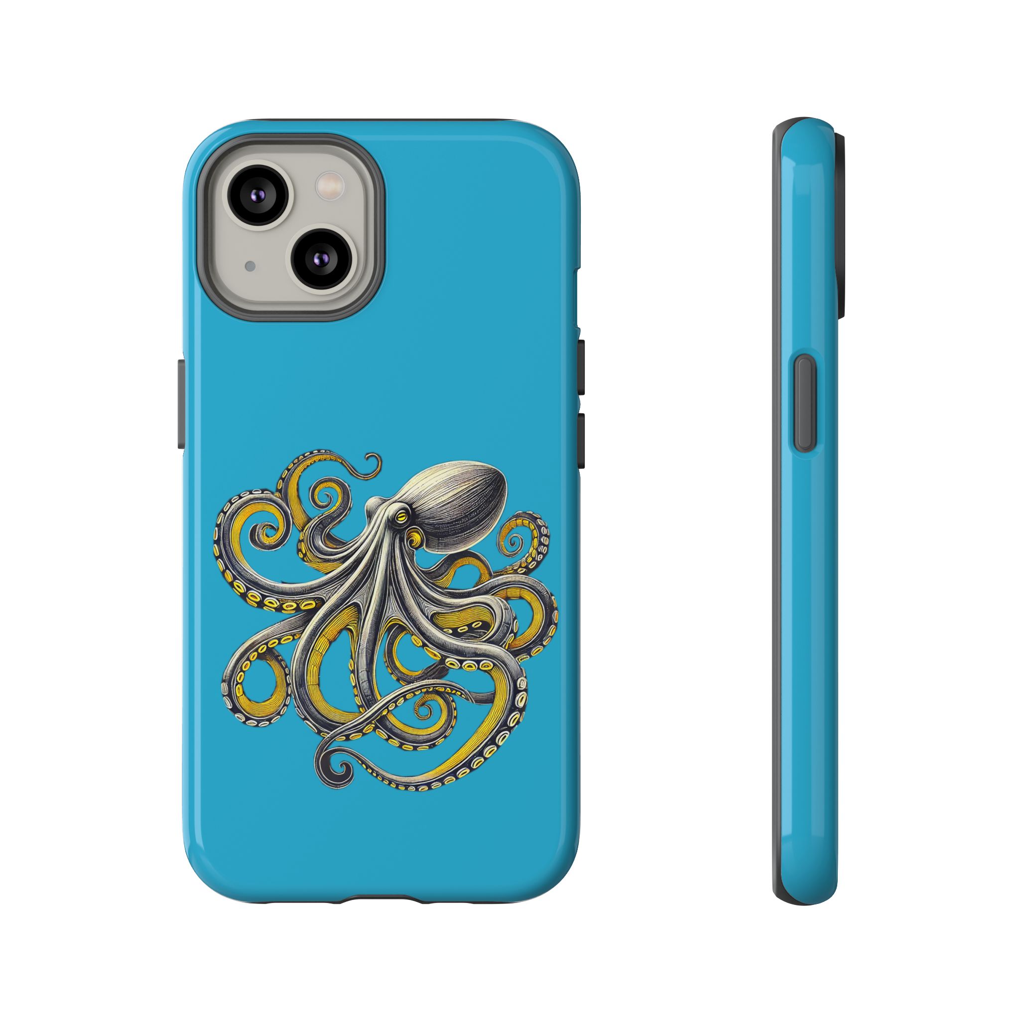 Blue phone case with an illustration of an octopus in detailed design.