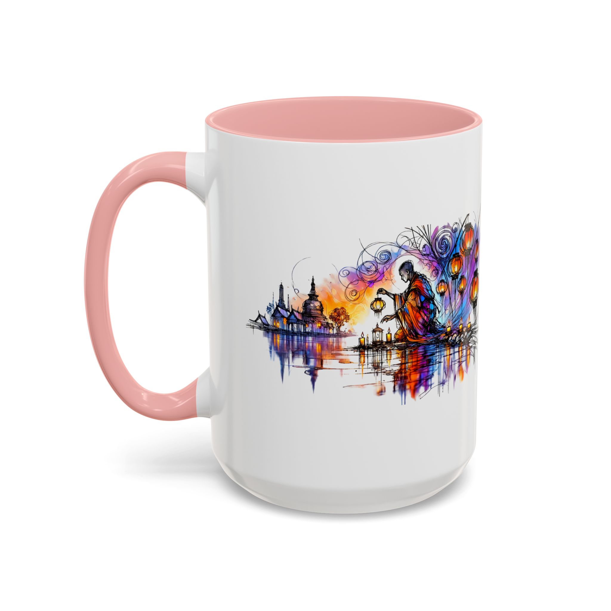 Mug featuring an artistic design of a figure by a waterway with colorful patterns.