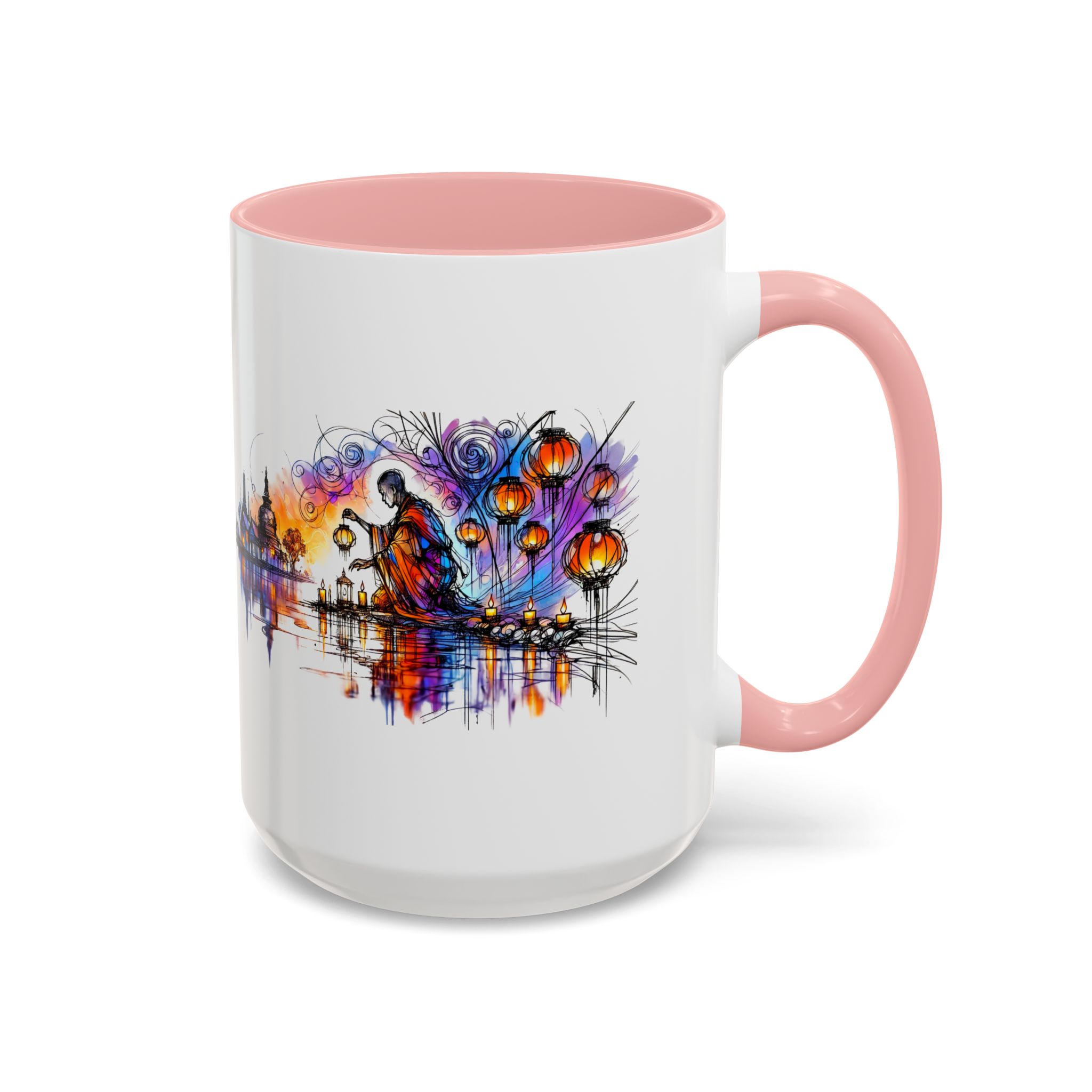 Artistic mug featuring a colorful lantern design with a figure by the water.