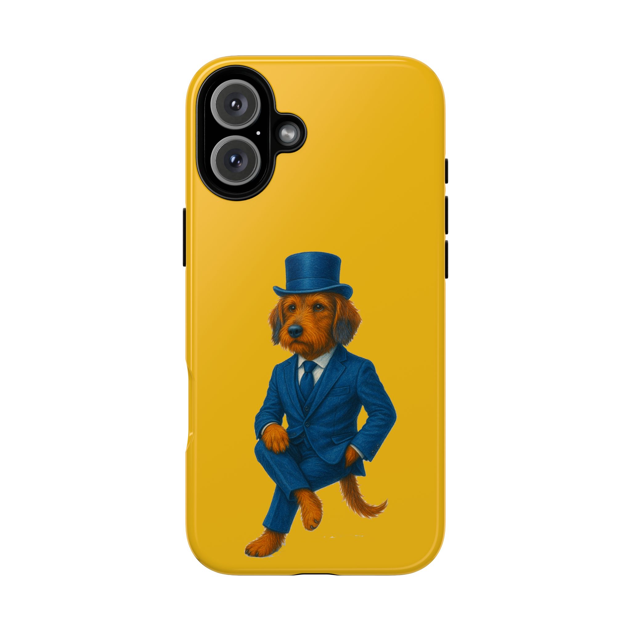 Phone case featuring a dog dressed in a blue suit and top hat against a yellow background.