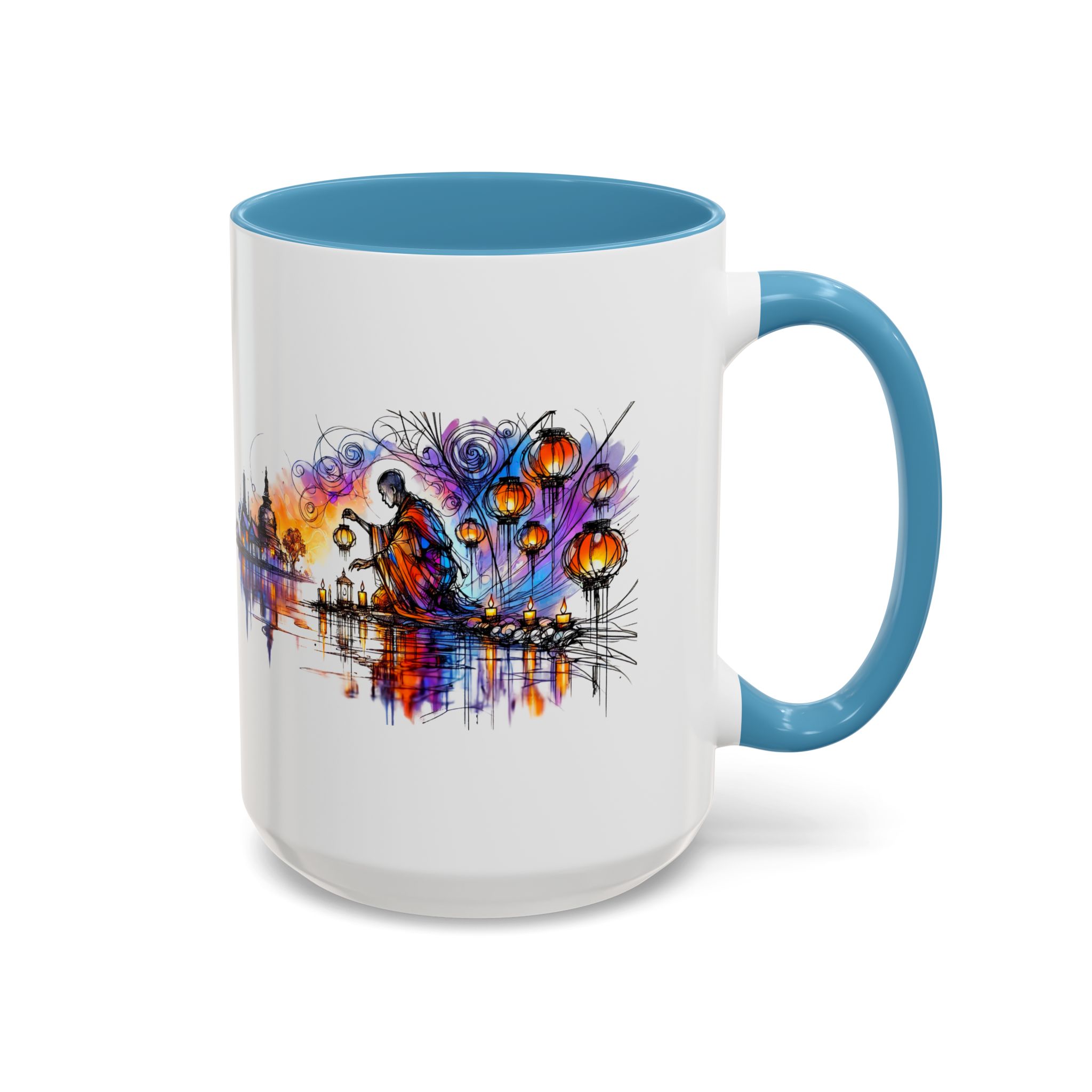 Mug featuring an artistic design with a figure and colorful lanterns against a vibrant background.