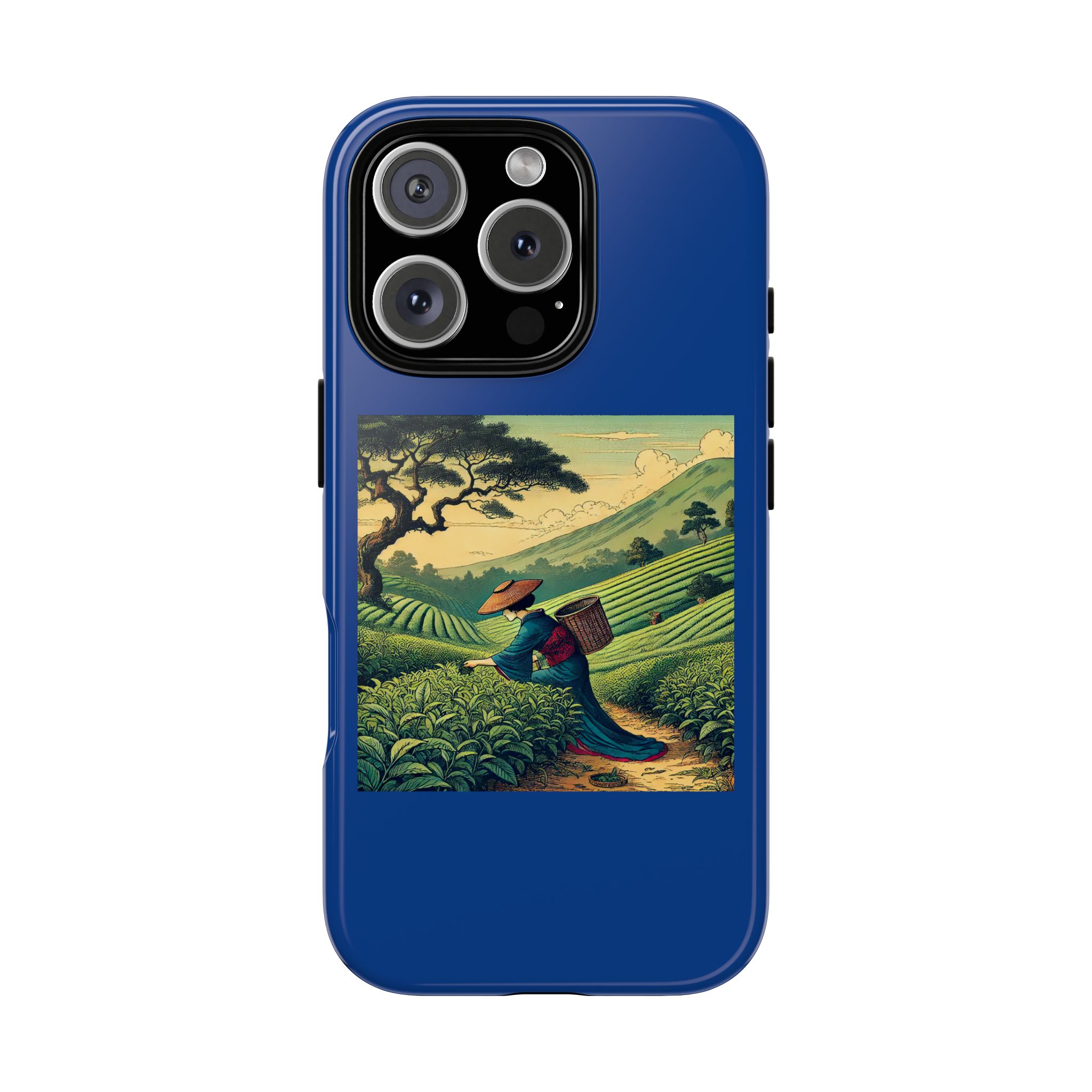 Blue phone case featuring a vintage illustration of a tea farmer in a lush landscape.