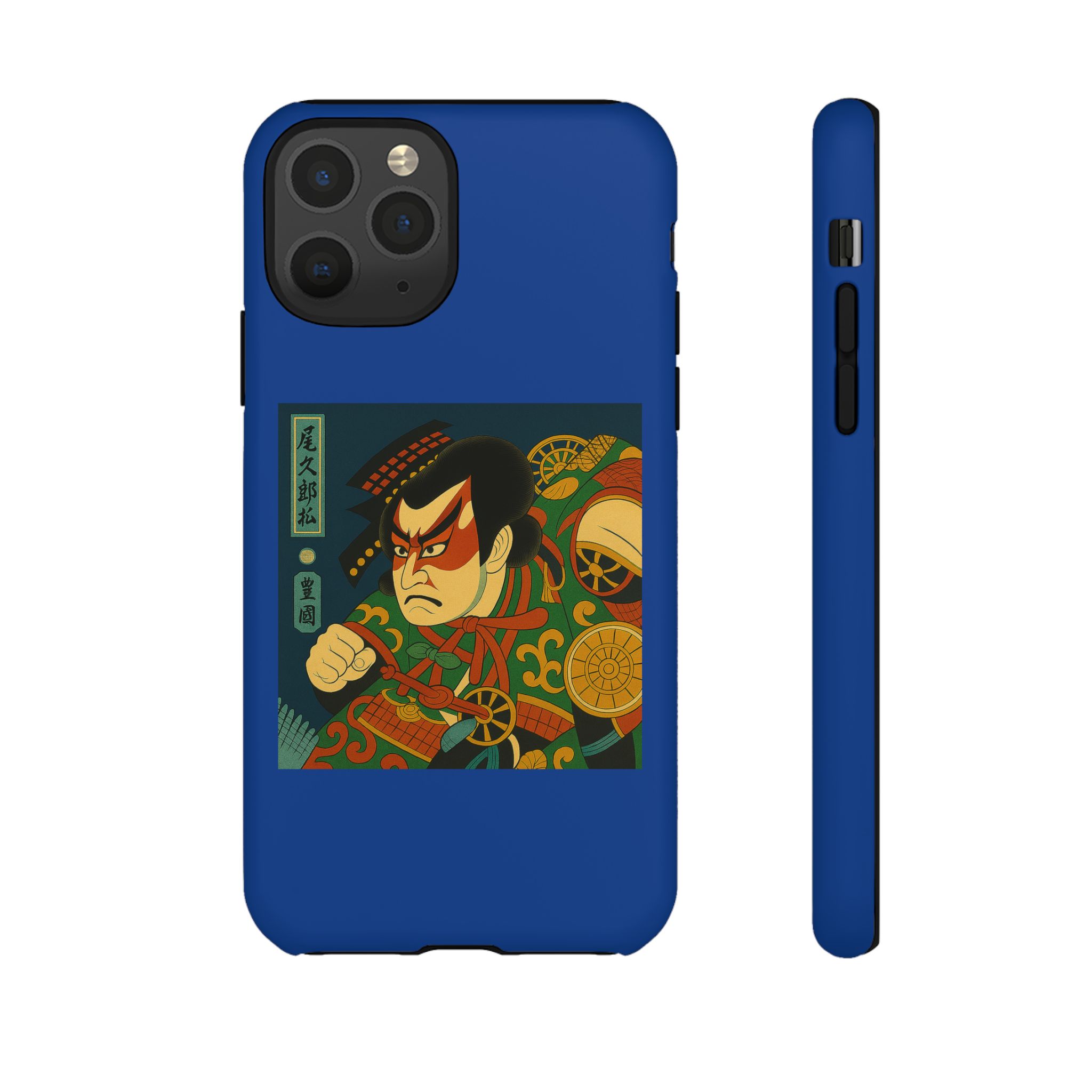 Blue phone case featuring a traditional samurai illustration with vibrant colors and intricate details.