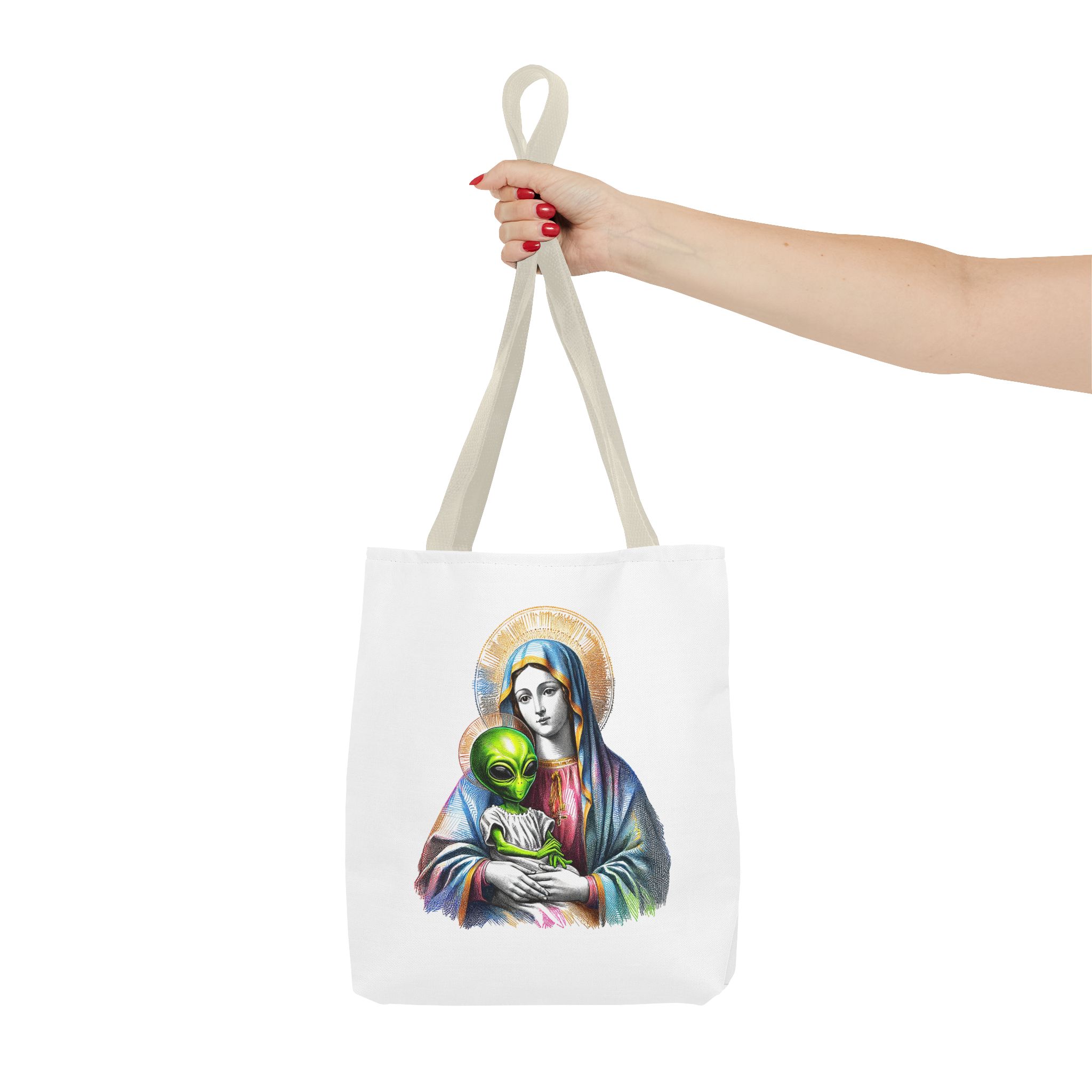 Satiric cute tote bag Boho shoulder bag Alien virgin mary retro shoulder bag fun gift religious design purse unique handbag – Image 20