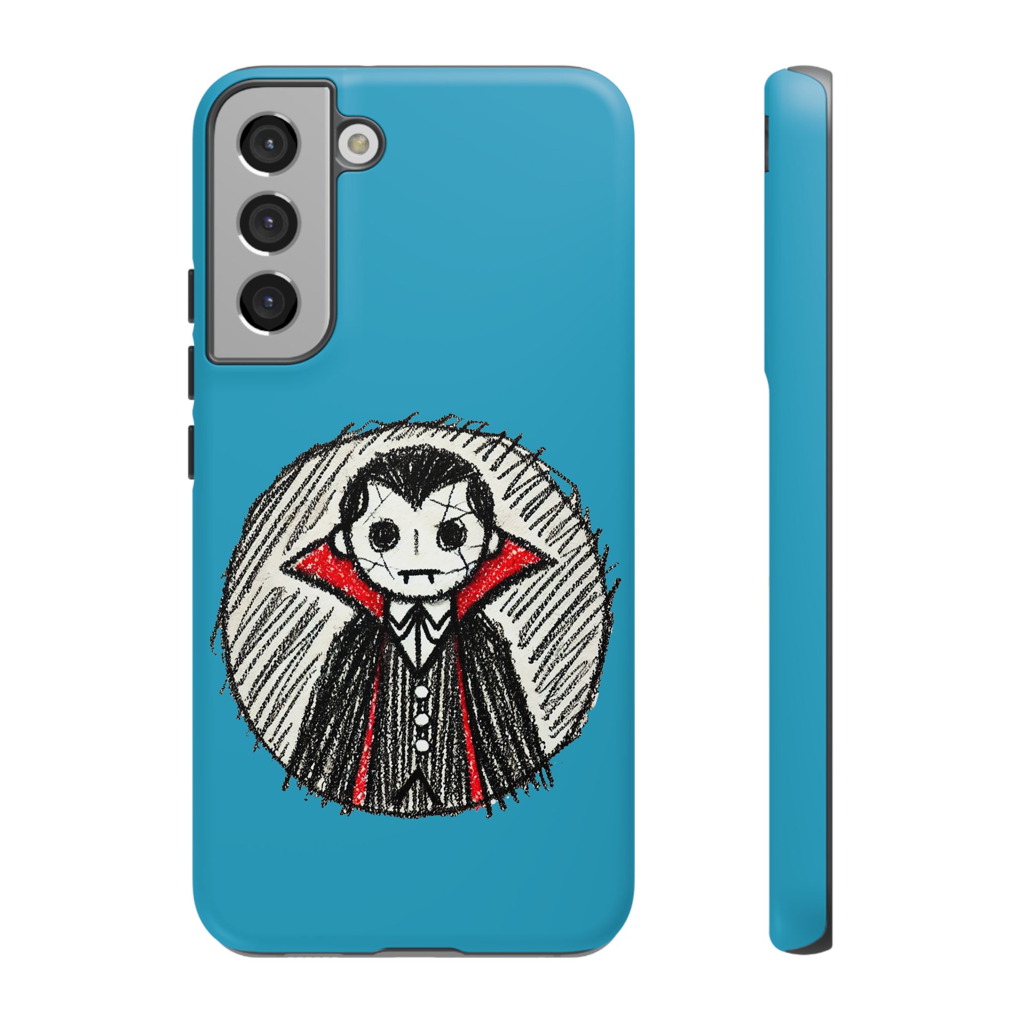 Blue phone case featuring a cartoon-style Dracula character with a red cape and black suit.