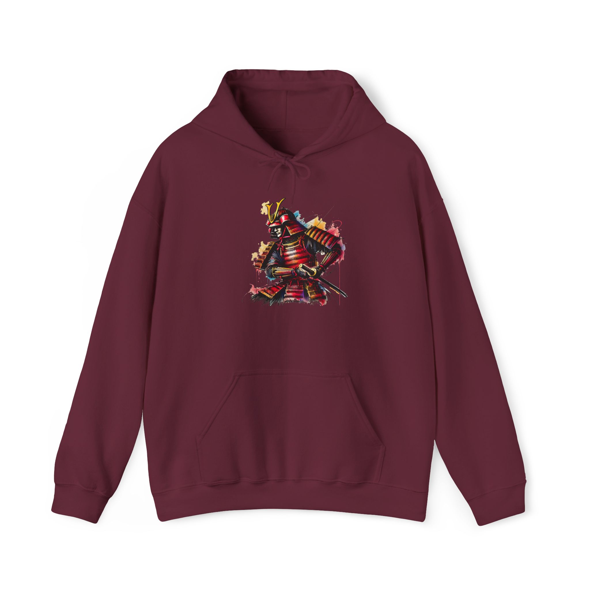 Maroon hoodie featuring a colorful graphic of a samurai with traditional armor and weapons.