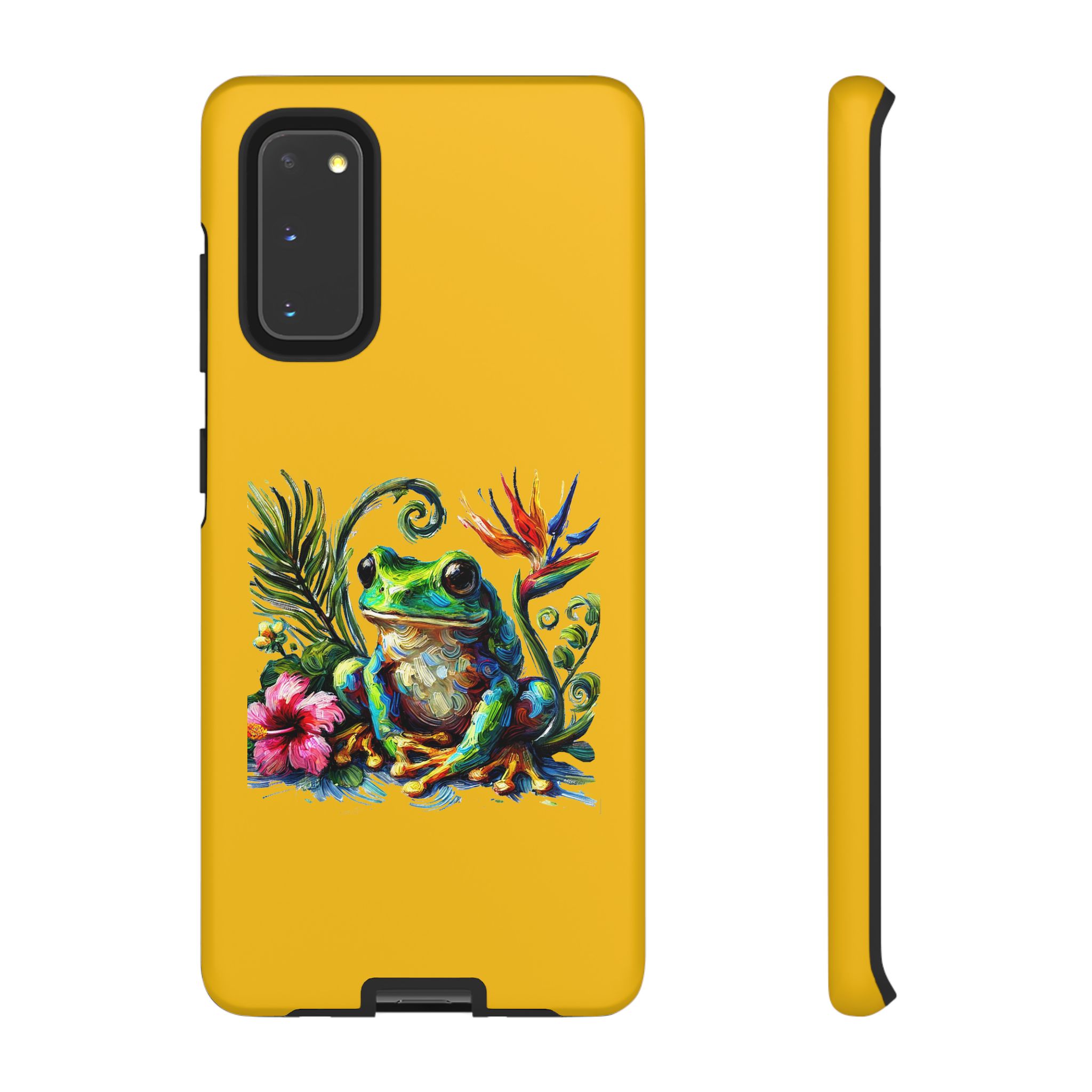Yellow phone case featuring a colorful frog illustration surrounded by tropical flowers and leaves.