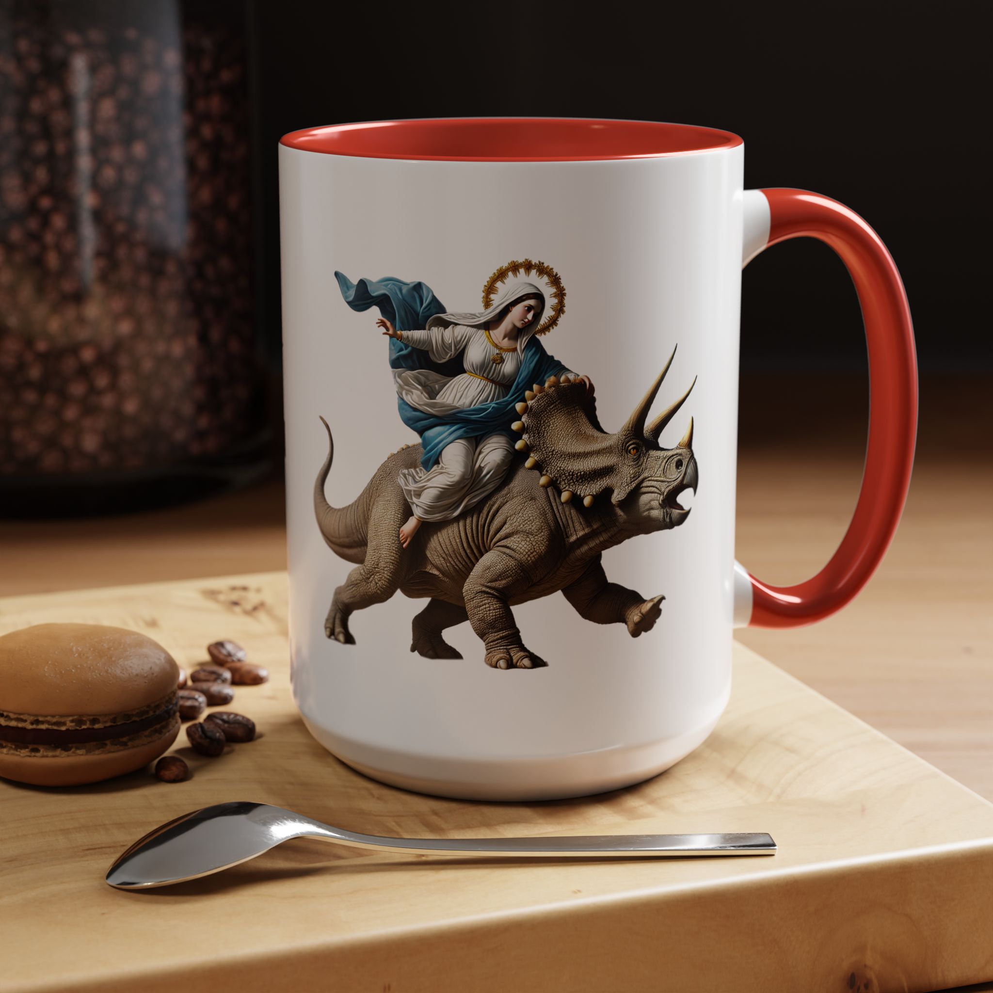 Sarcastic Coffee mug jurassic Virgin mary riding triceratops funny office mug boho gift tea cup cute accessory – Image 35