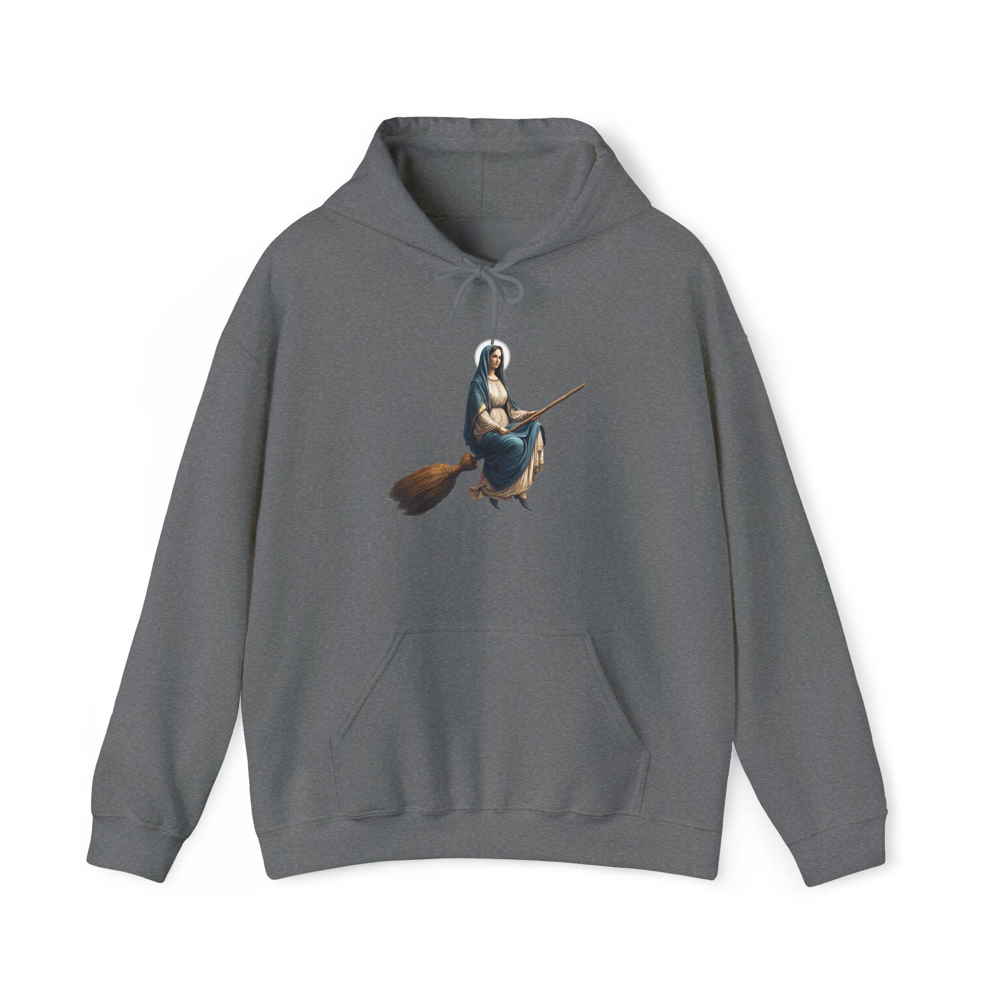 Gray hoodie featuring a design of a witch riding a broomstick.