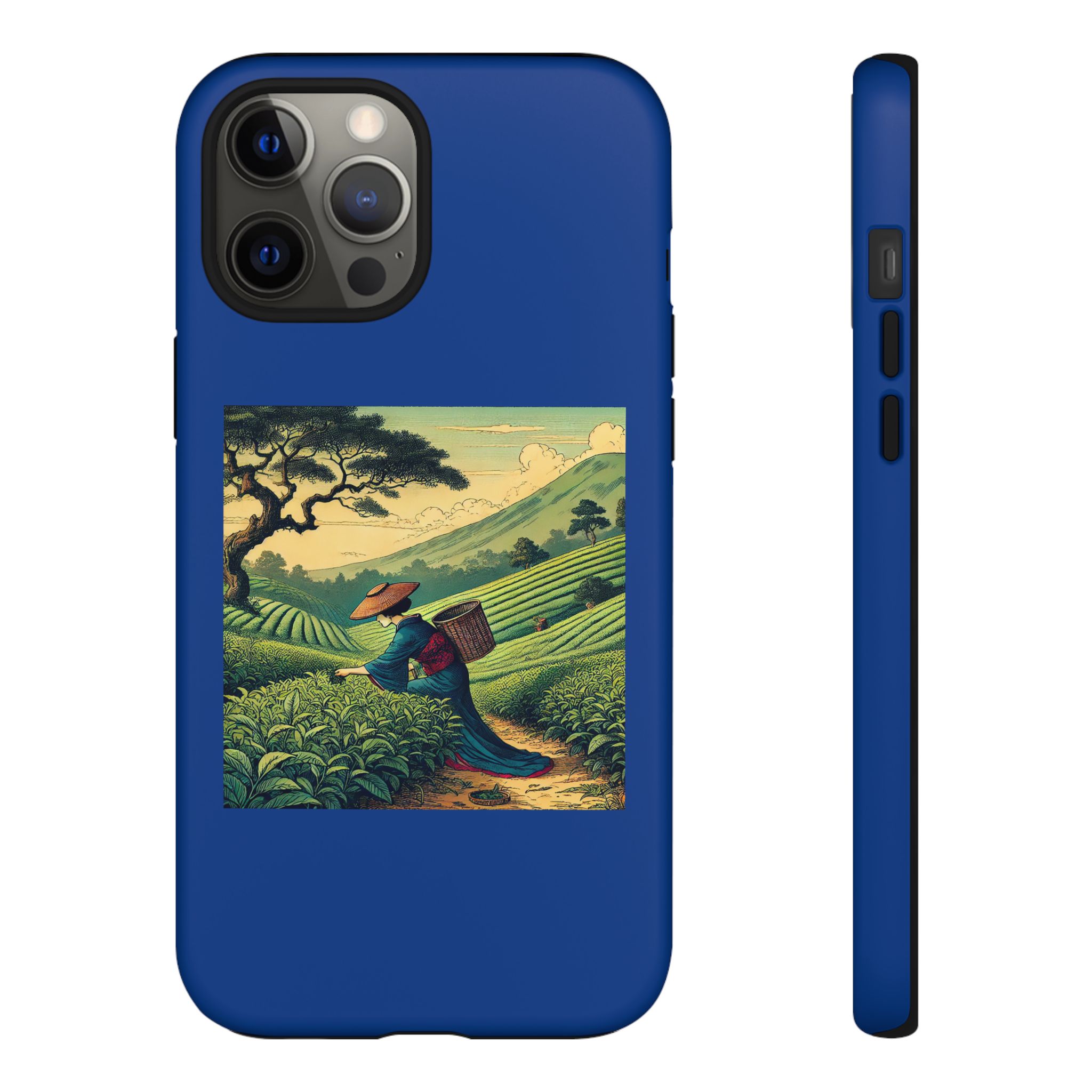 Blue phone case featuring an illustration of a person carrying a basket in a tea plantation landscape.