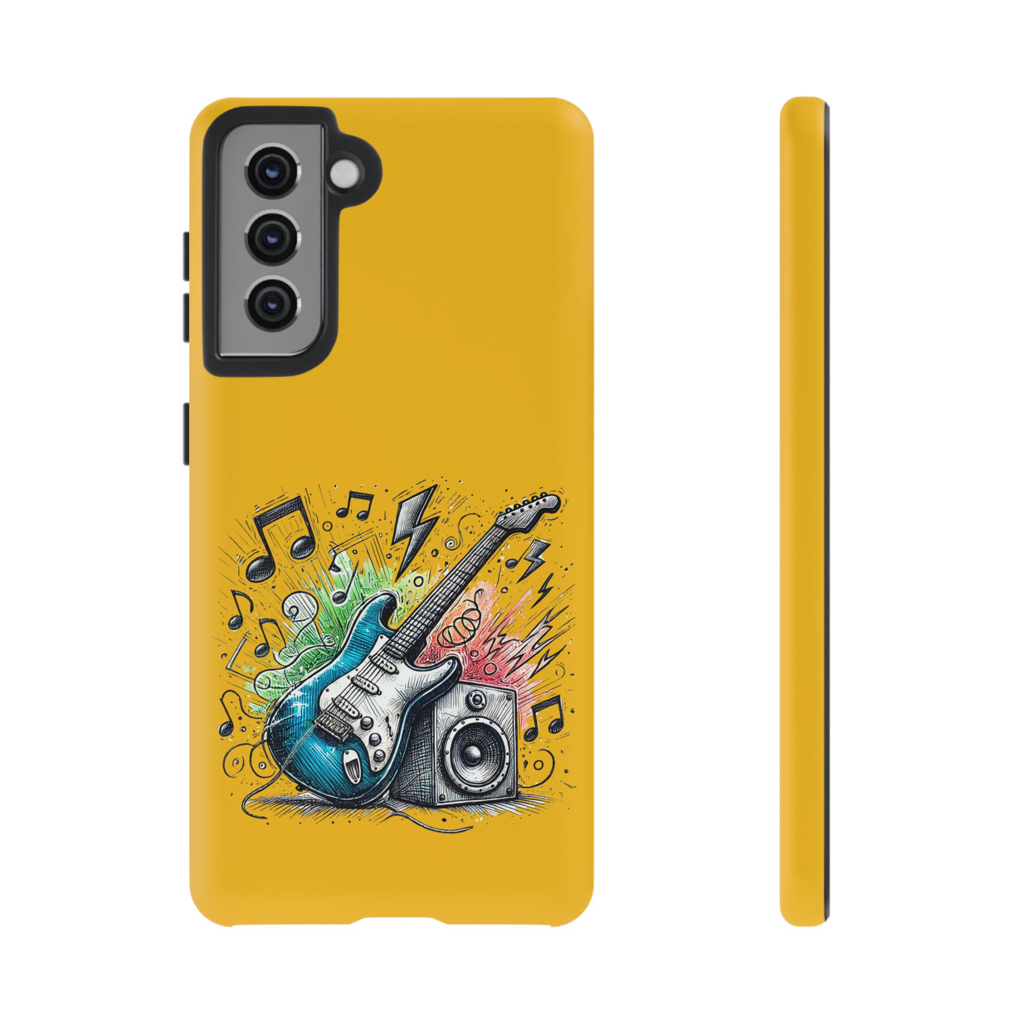 Yellow phone case featuring a graphic design of a guitar and speaker with musical notes.