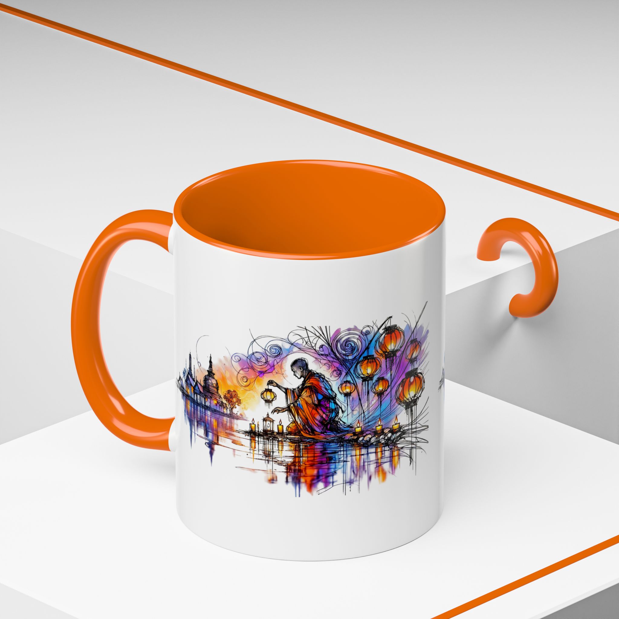 Artistic mug featuring a colorful design with lanterns and a figure, complemented by an orange handle.