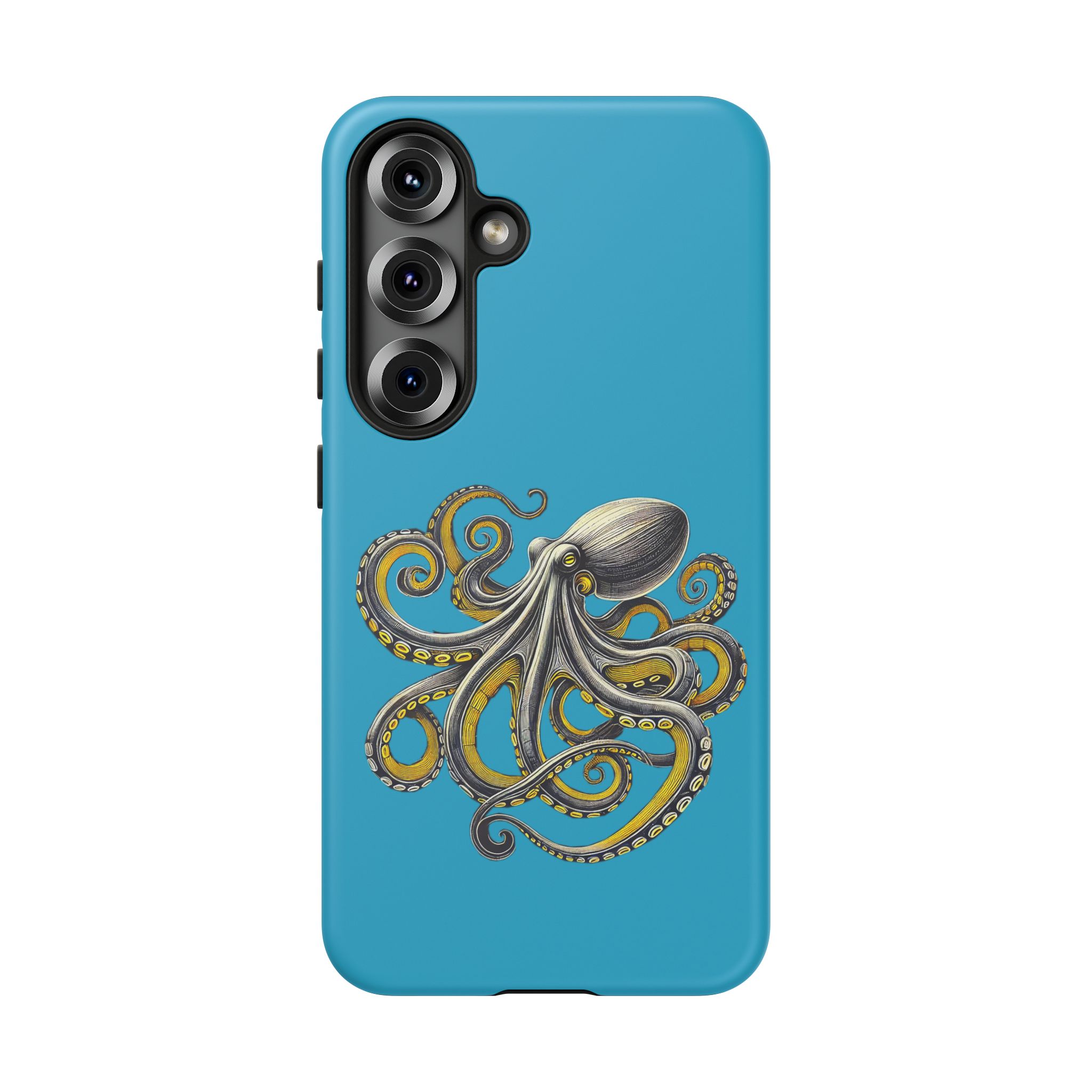 Illustration of an octopus with intricate details on a blue phone case.