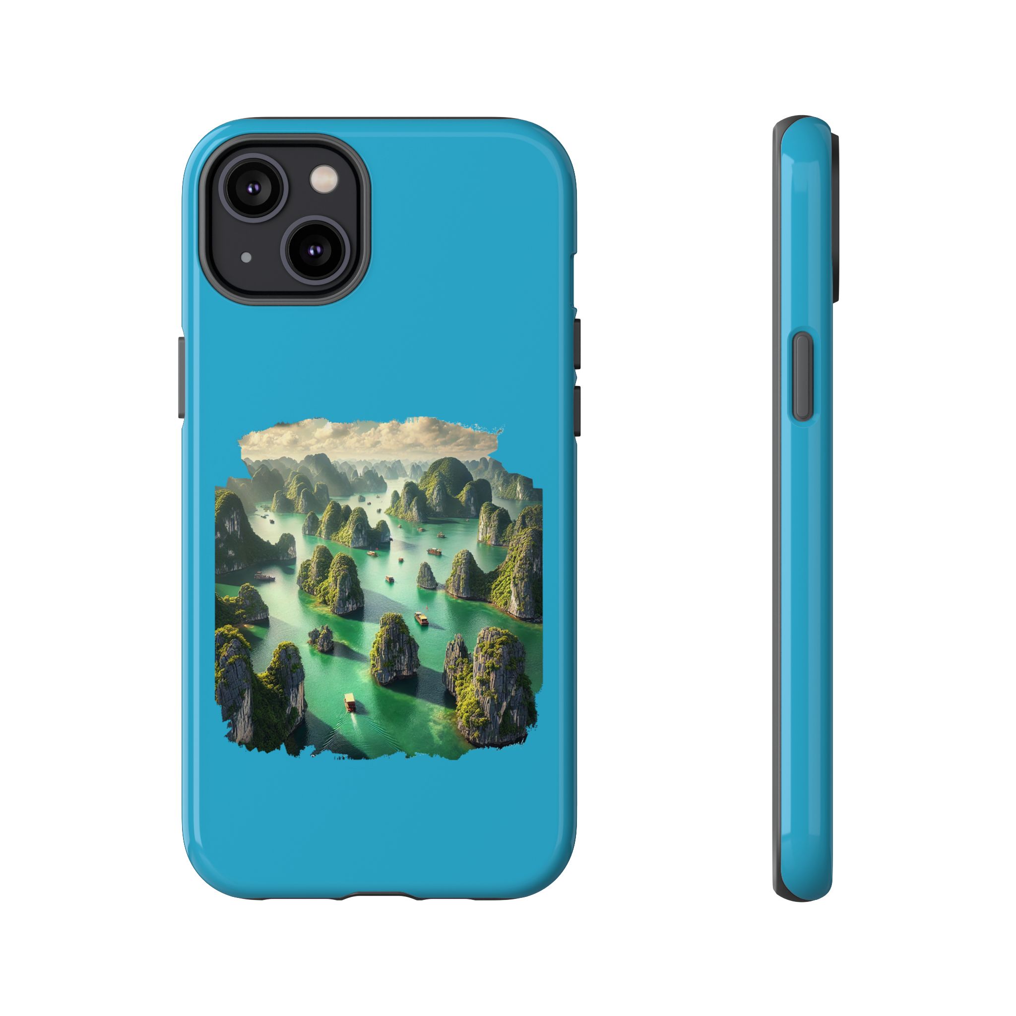 Blue phone case featuring a landscape design with mountains and water.
