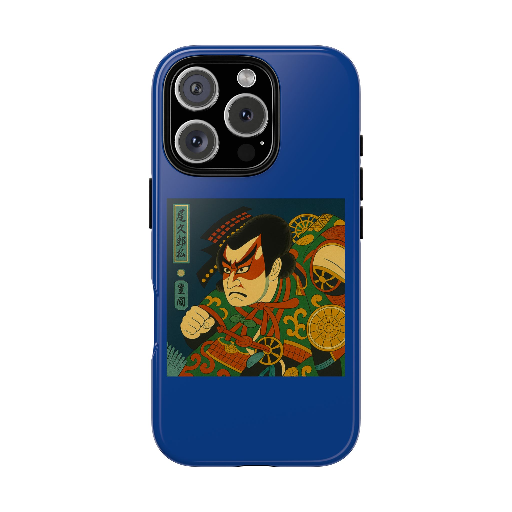 Blue phone case featuring a traditional Japanese art design with a character in a red mask and bold colors.