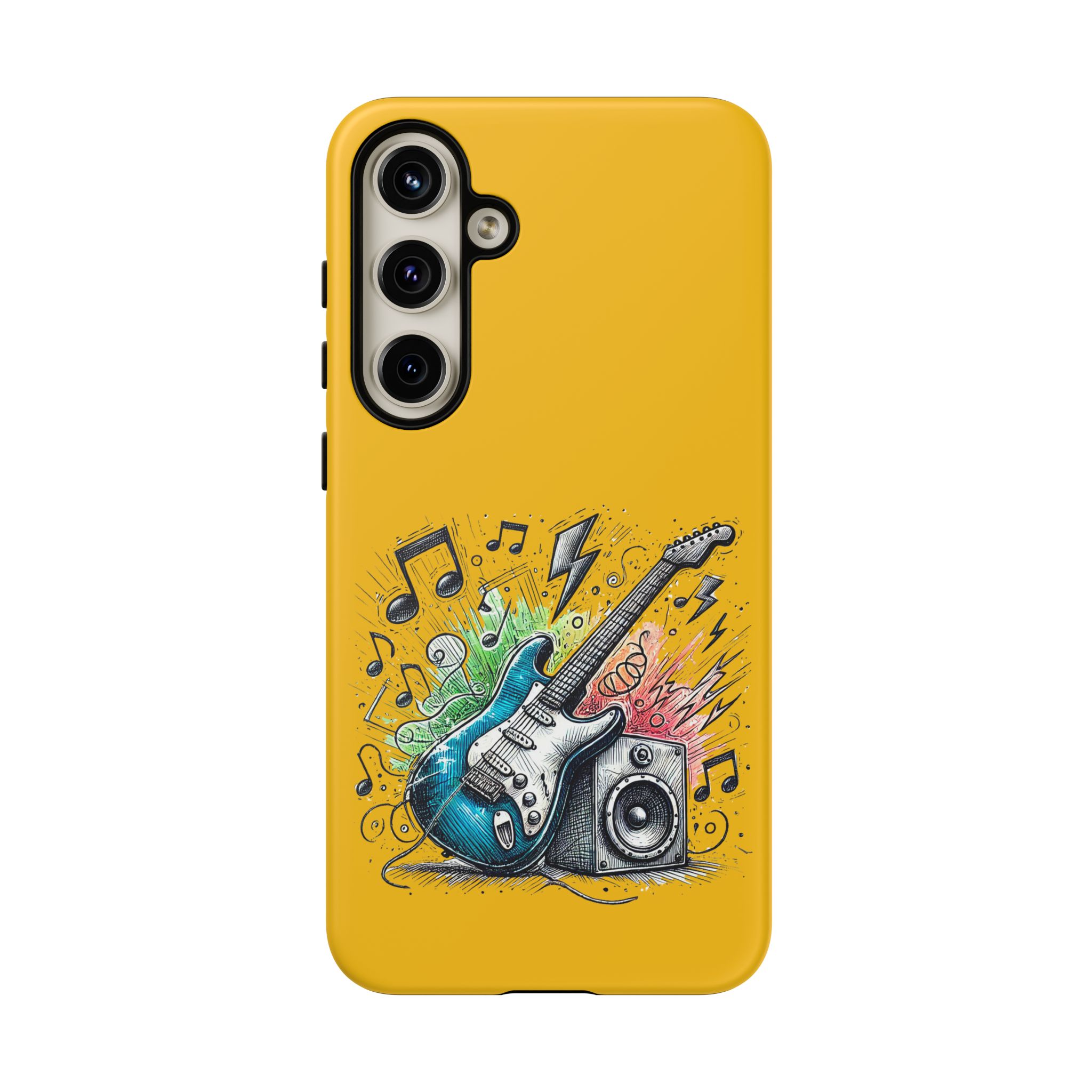 Yellow phone case featuring a graphic of an electric guitar and music notes.