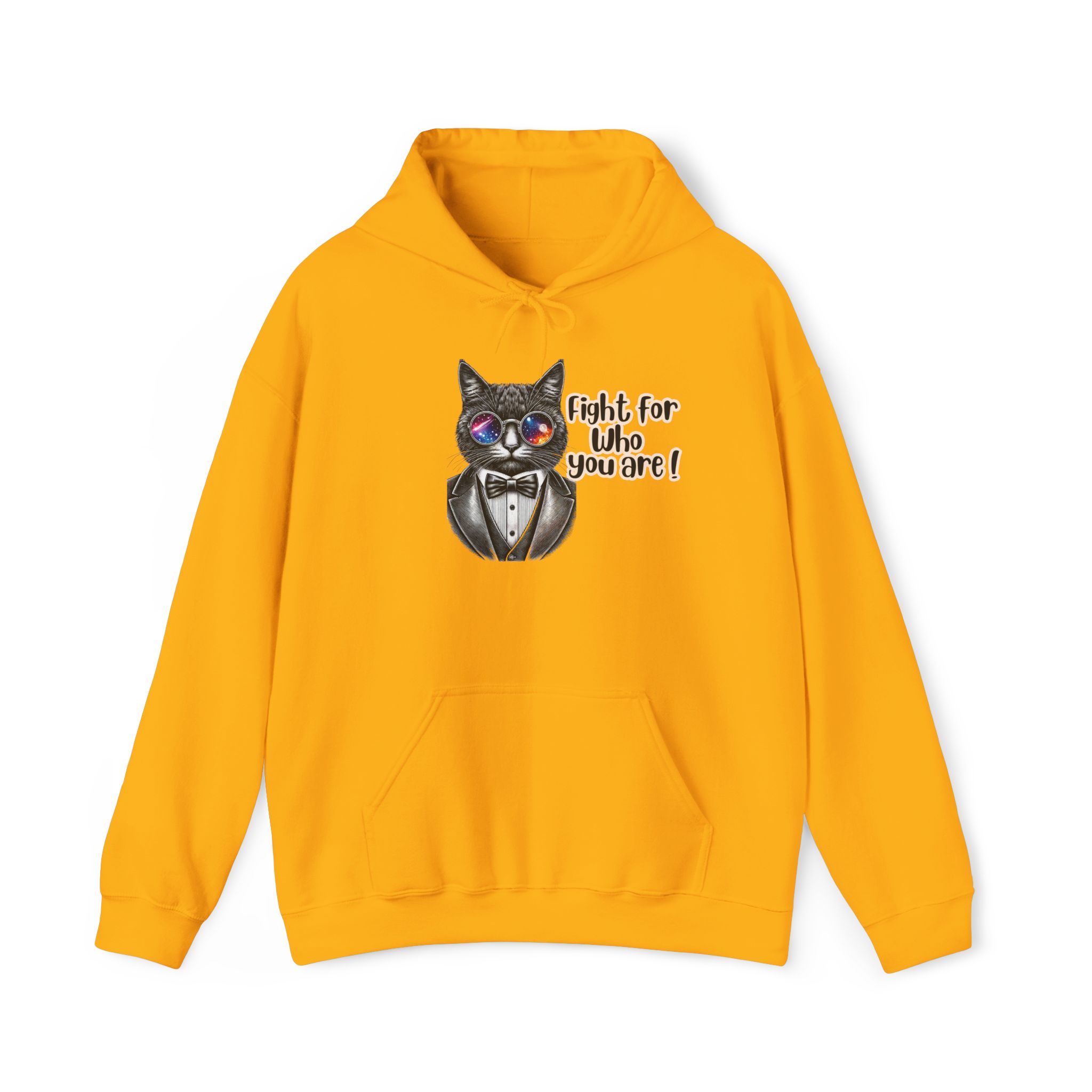 Yellow hoodie featuring a cat wearing sunglasses and a tuxedo with the text 'Fight for who you are!'