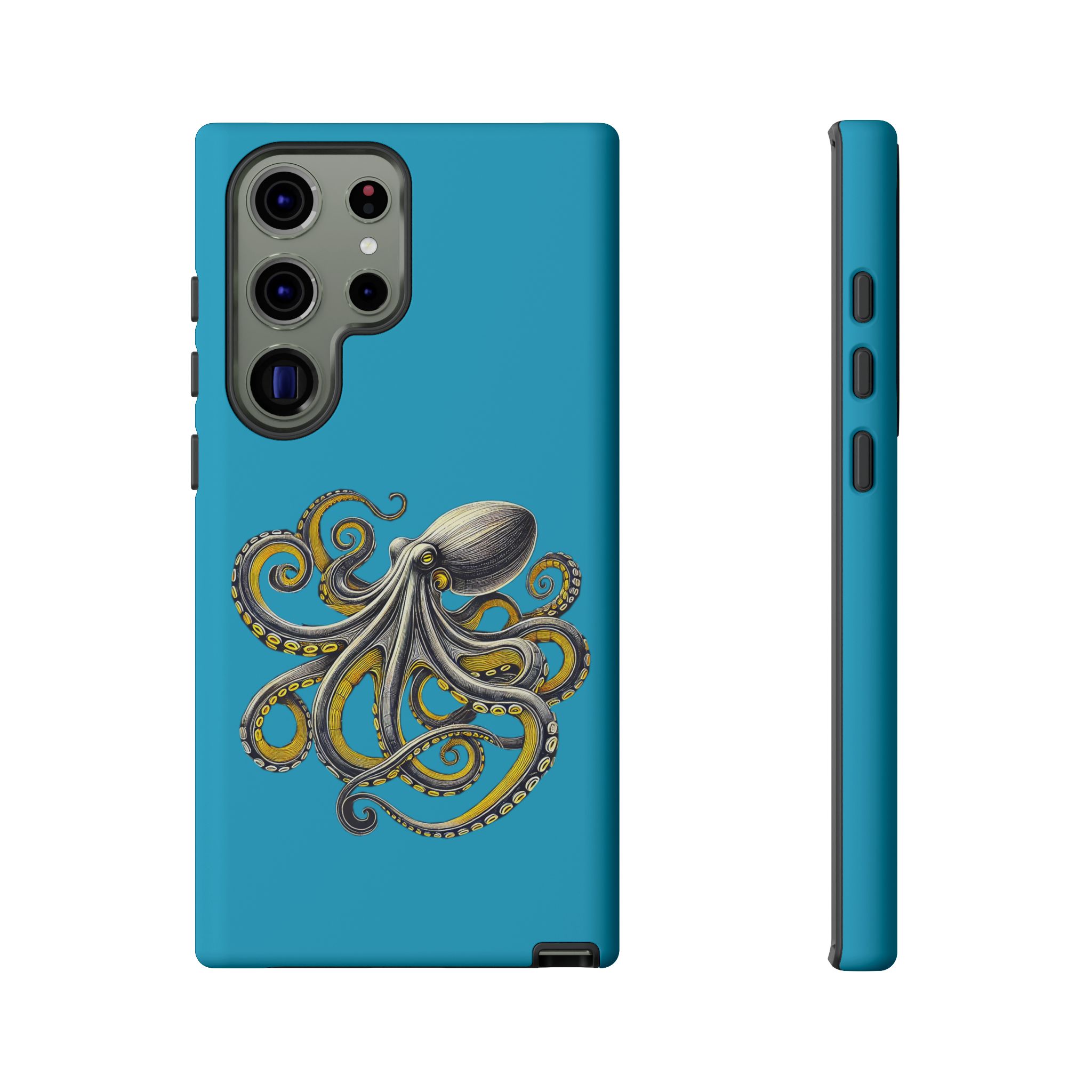 Phone case with a detailed illustration of an octopus on a turquoise background.