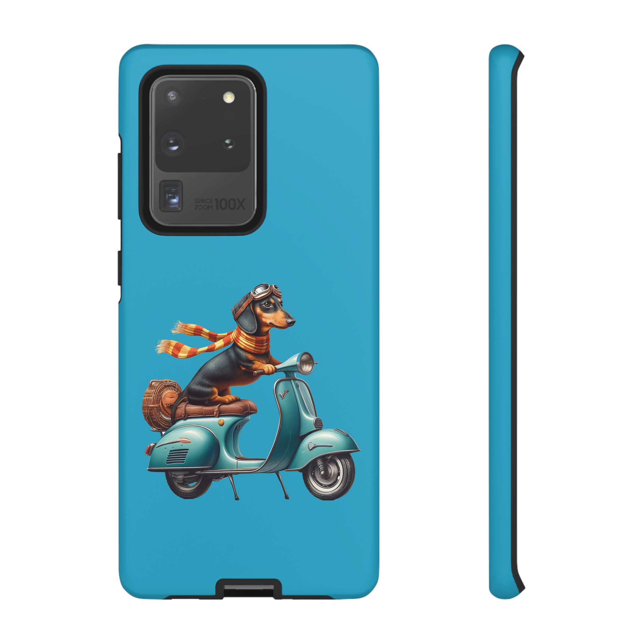Dachshund wearing goggles and a scarf riding a vintage scooter in a bright blue design.