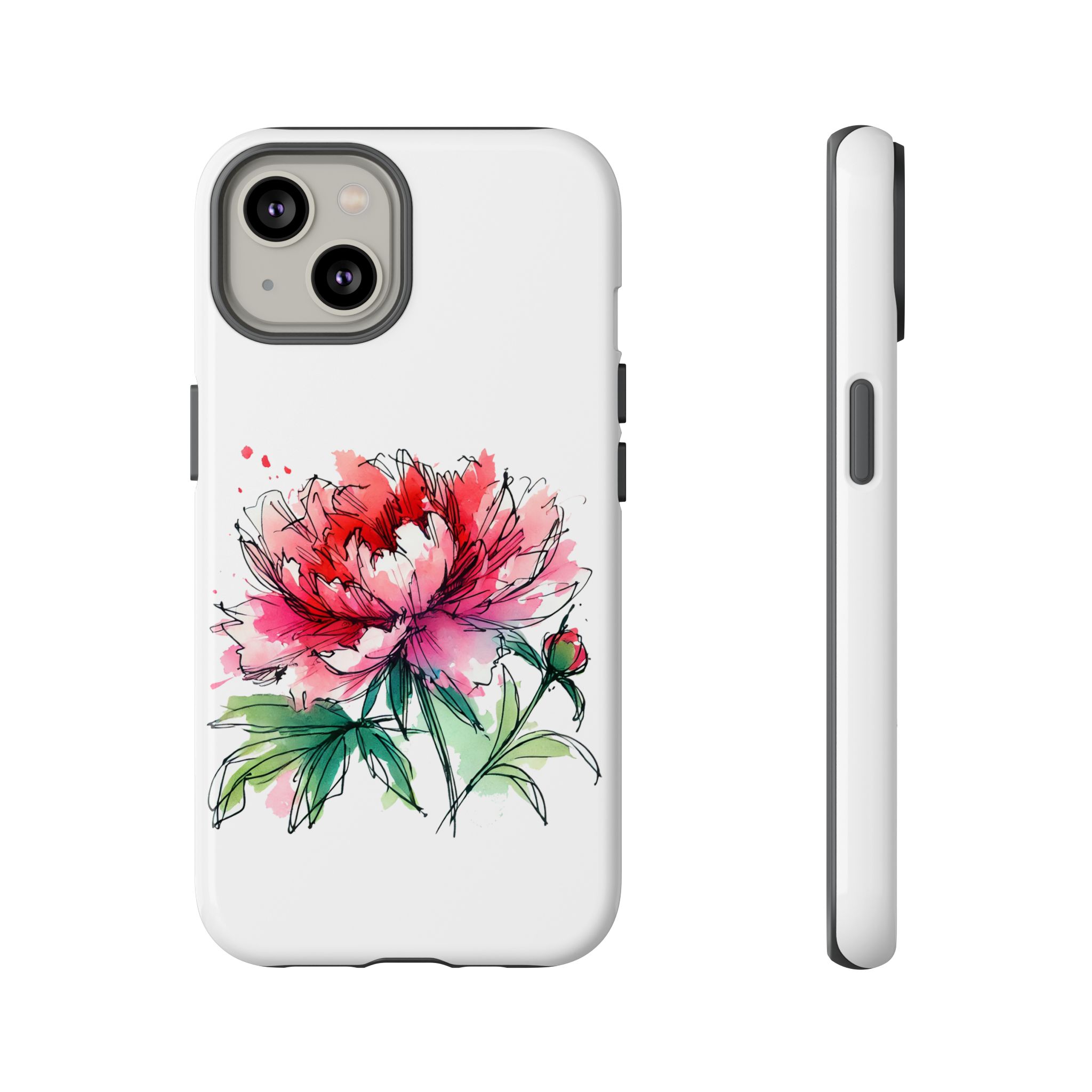 Phone case featuring a hand-drawn peony flower design in pink and green on a white background.