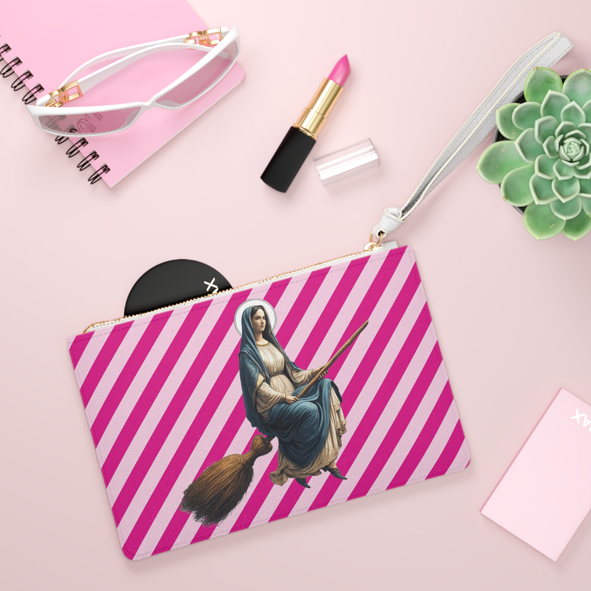 Satiric clutch bag Virgin Mary witch broom evening bag religious purse sarcastic premium purse unusual – Image 2