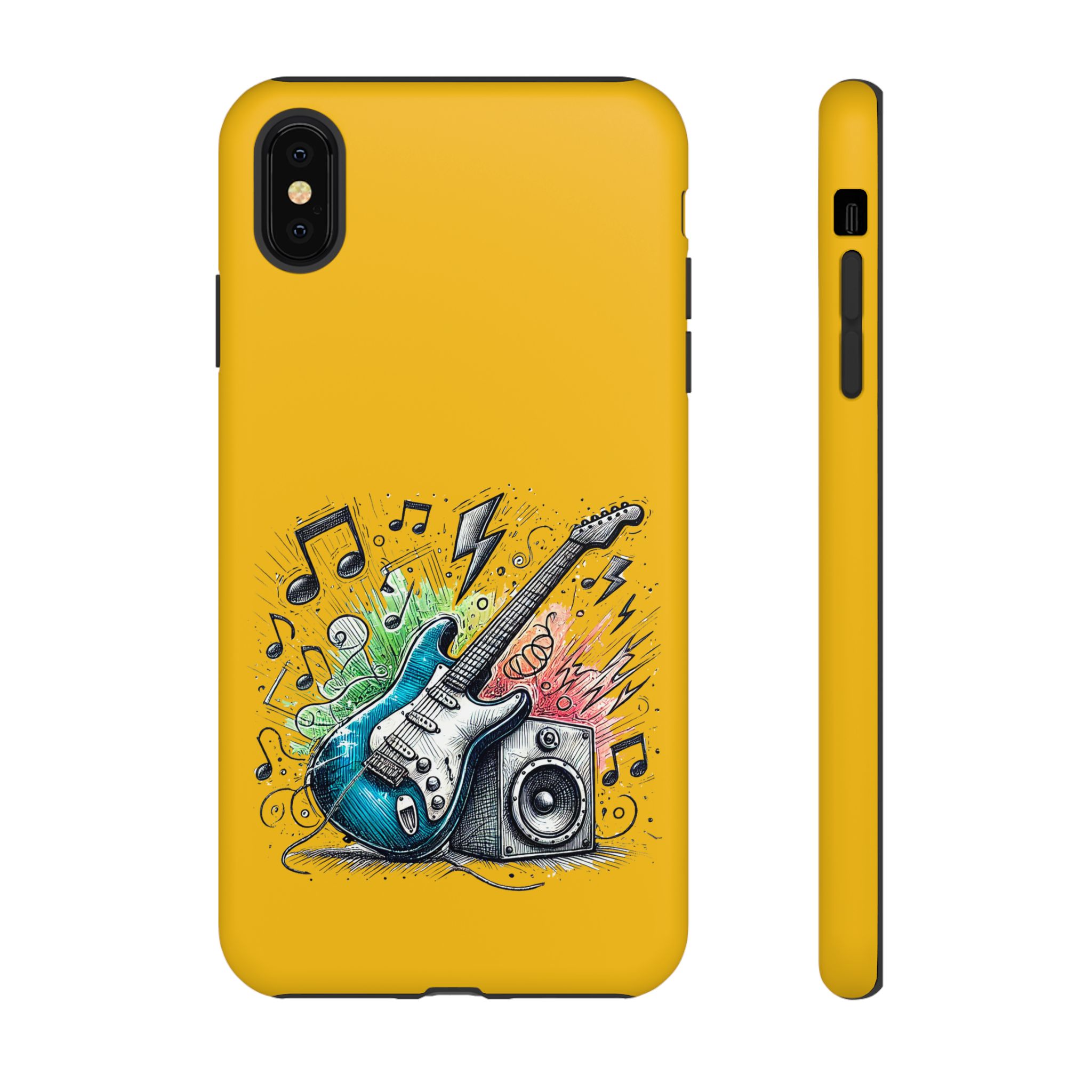 A yellow phone case featuring a blue electric guitar, speaker, and musical notes in a colorful design.