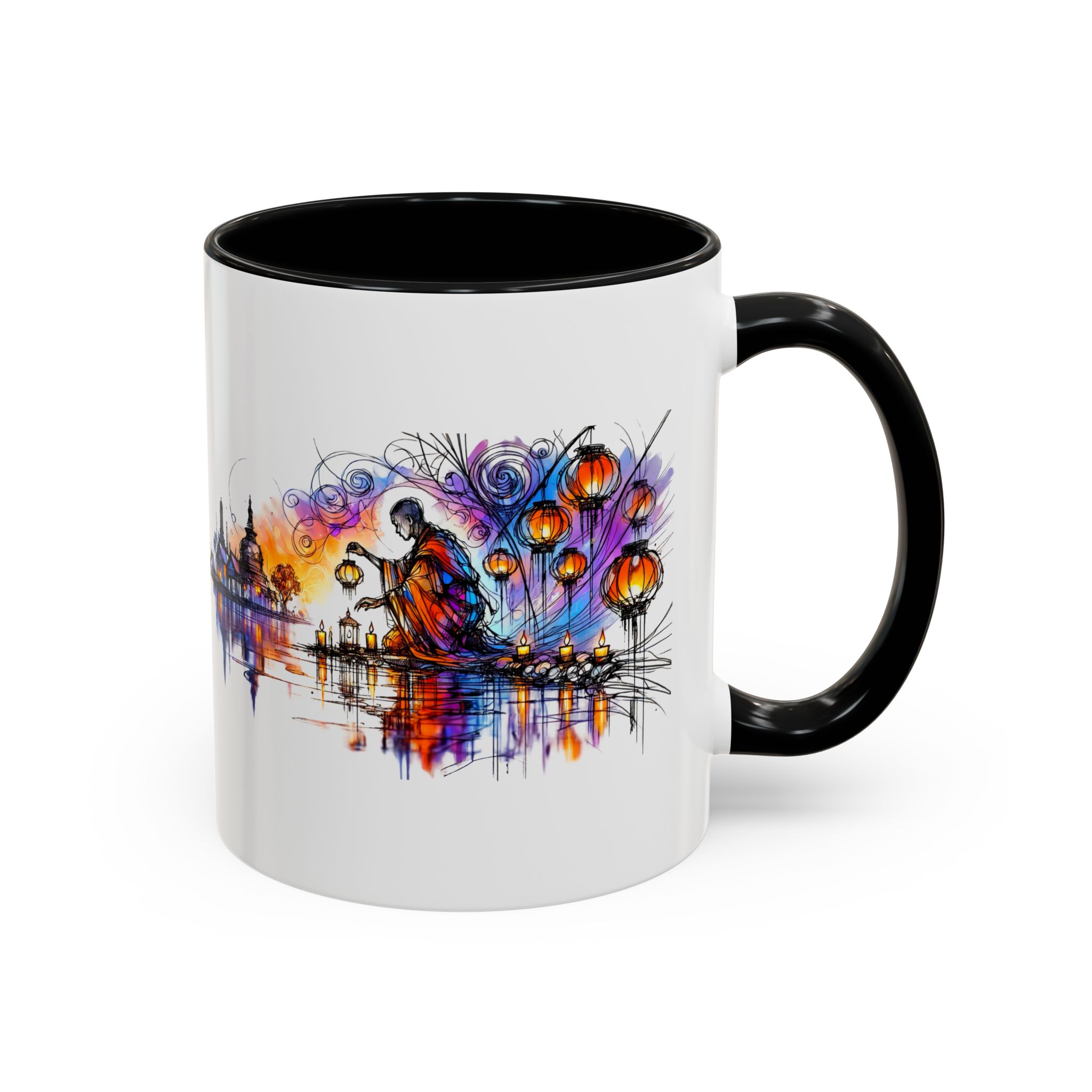 Artistic mug featuring a colorful lantern design with a reflective water surface.