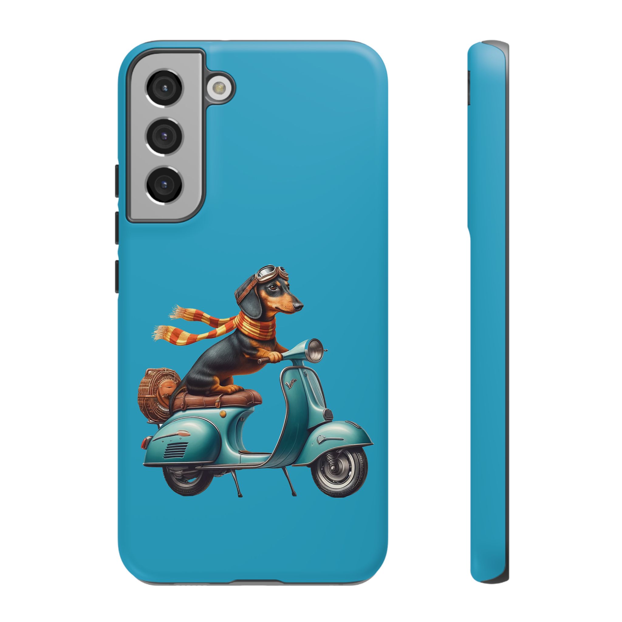 Phone case design featuring a dachshund wearing goggles and a scarf riding a vintage scooter.