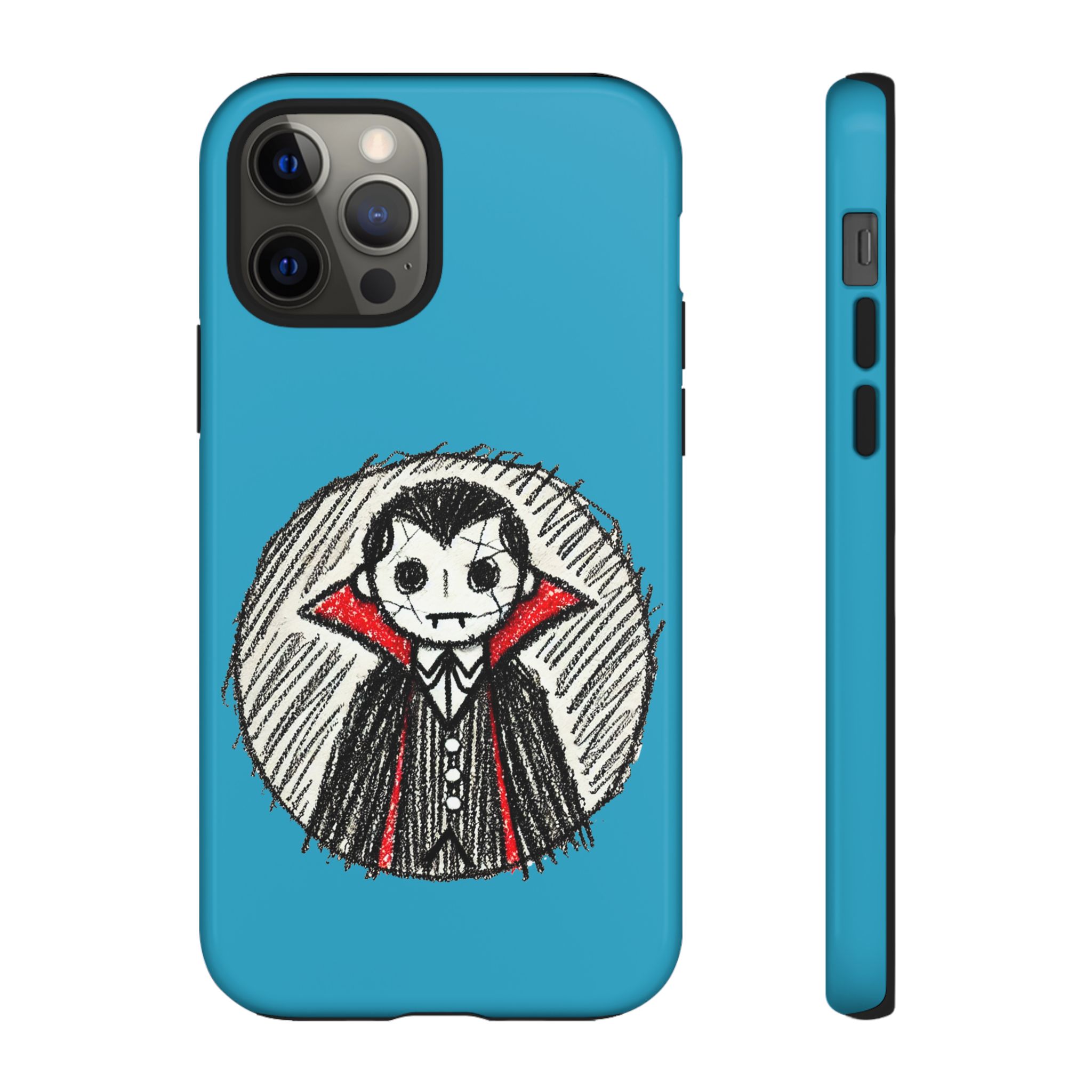 Phone case featuring a cartoon vampire character with a blue background and red accents.
