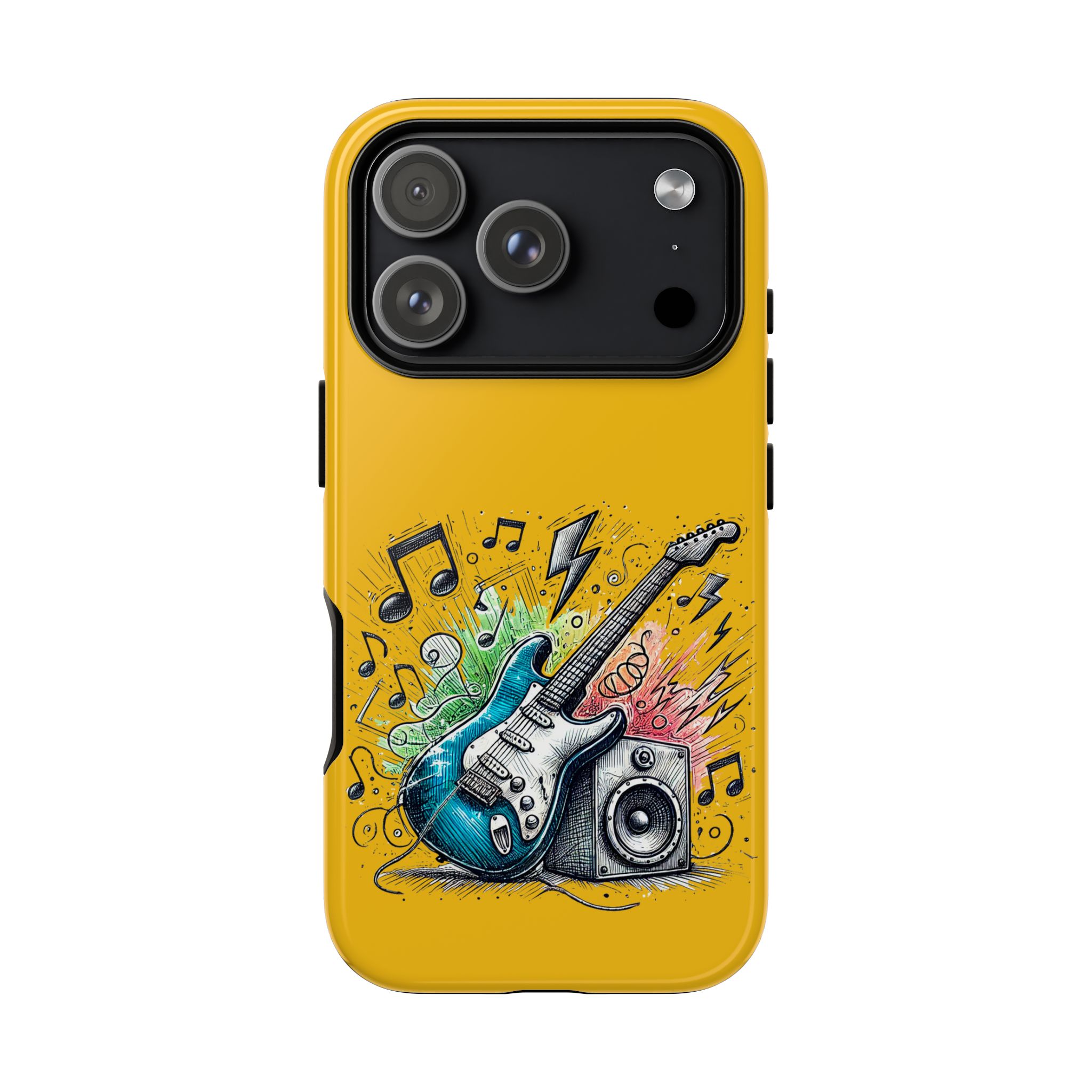 Yellow phone case featuring a graphic of an electric guitar and speaker with musical notes.