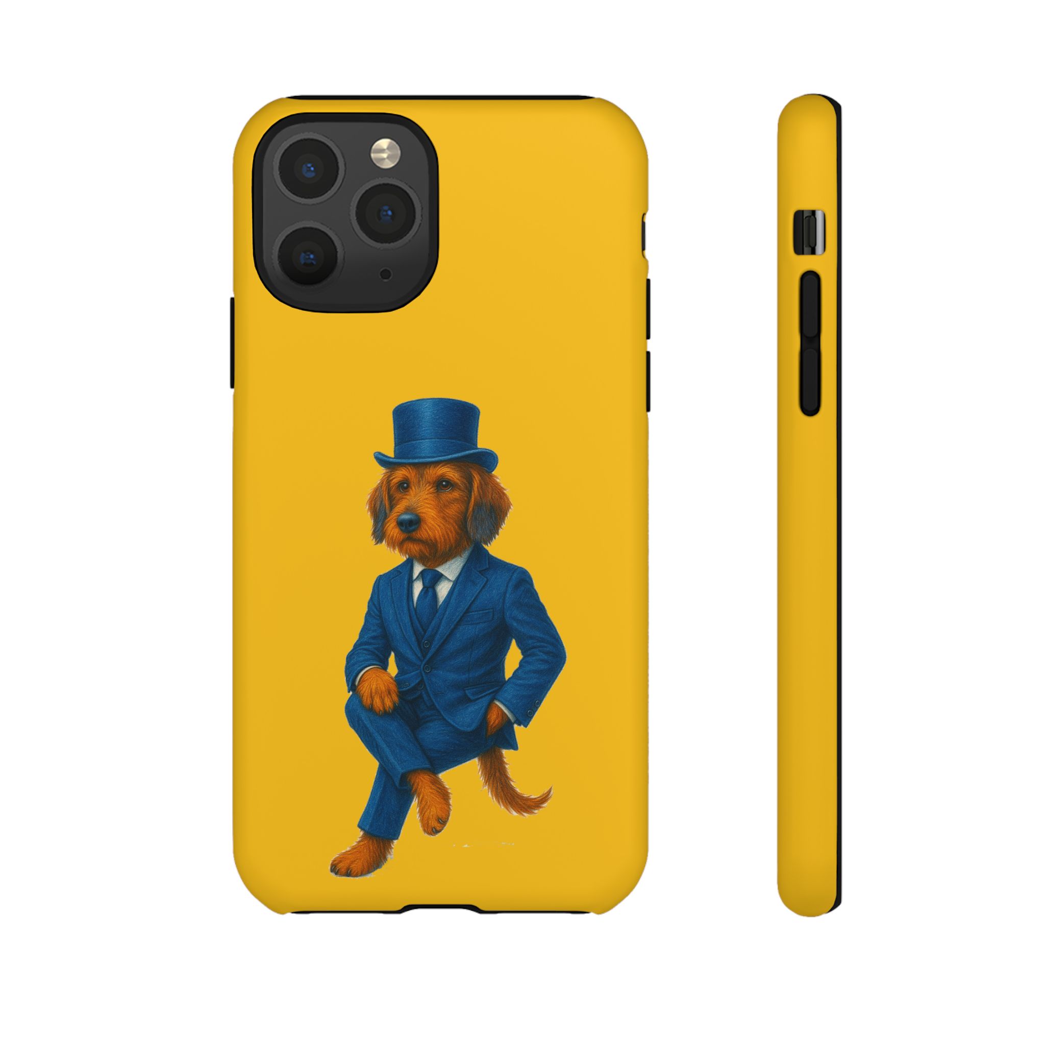 Phone case featuring a dog dressed in a blue suit and top hat against a yellow background.