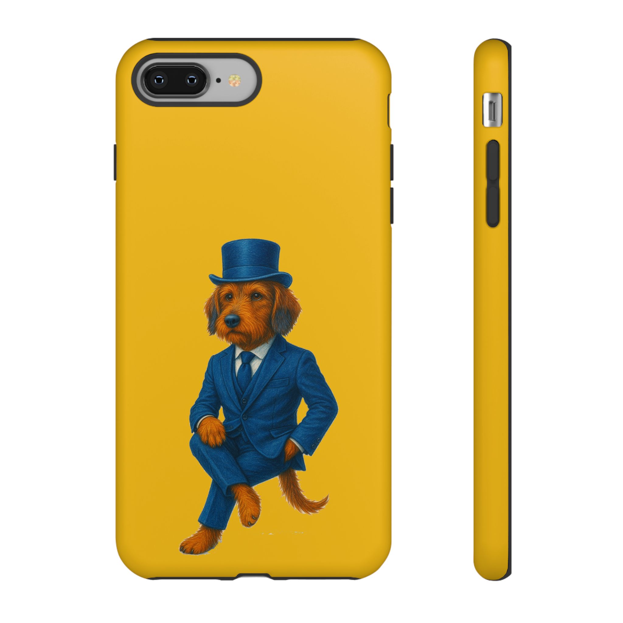 A phone case featuring a dog dressed in a blue suit and top hat against a yellow background.