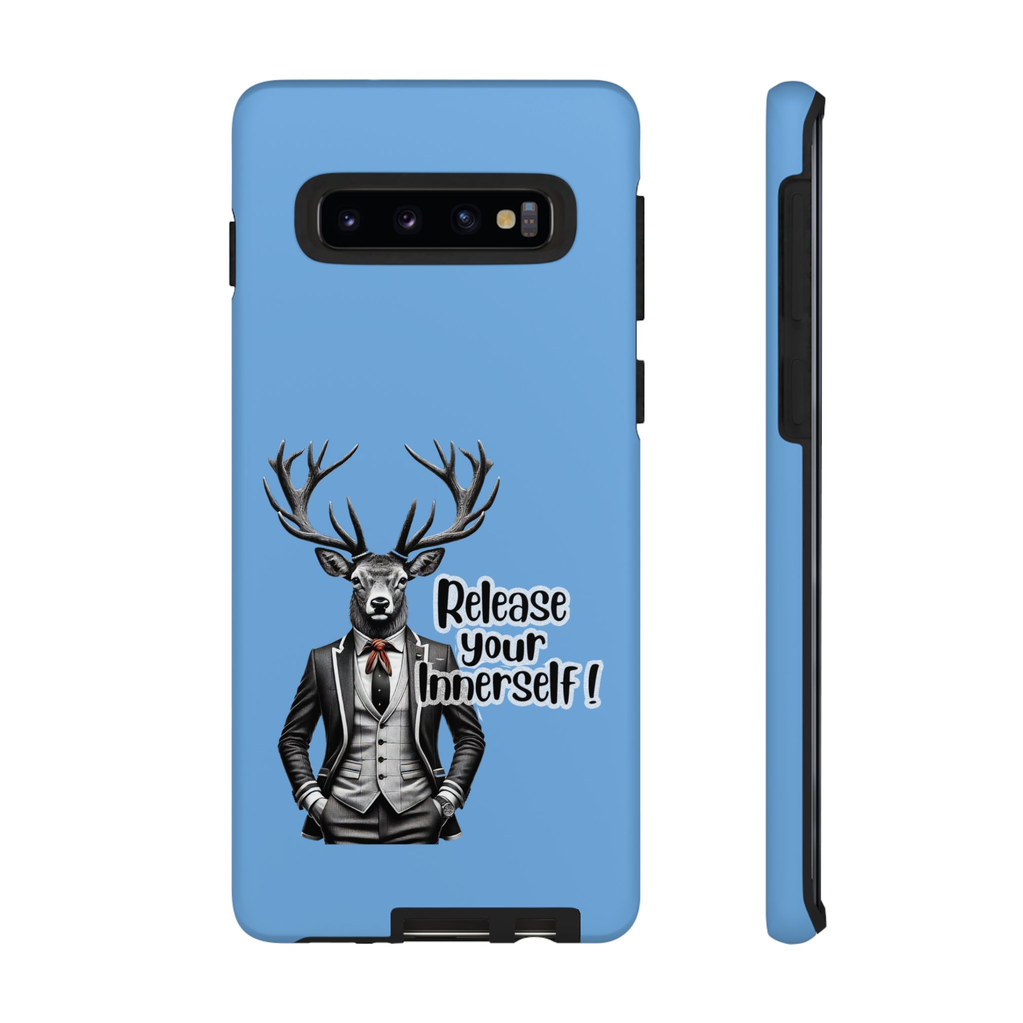 Blue phone case featuring an illustration of a deer in a suit with the text 'Release your InnerSelf!'